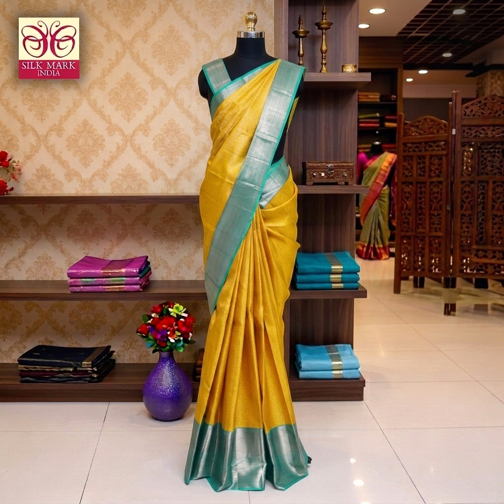 Yellow With Sea Green Gold  Zeri Subalaya Wedding Silk Saree