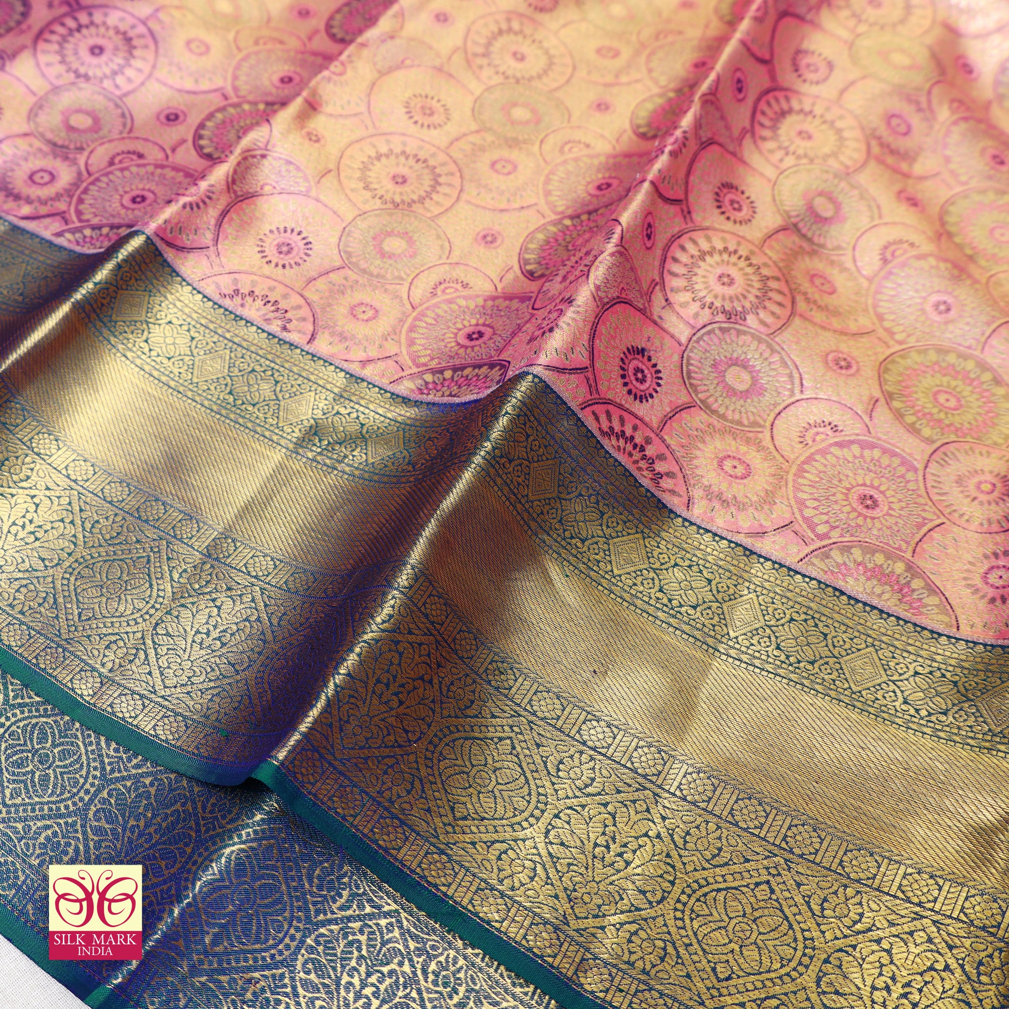 Pastel Pink With Green Gold  Zeri Subalaya Wedding Silk Saree