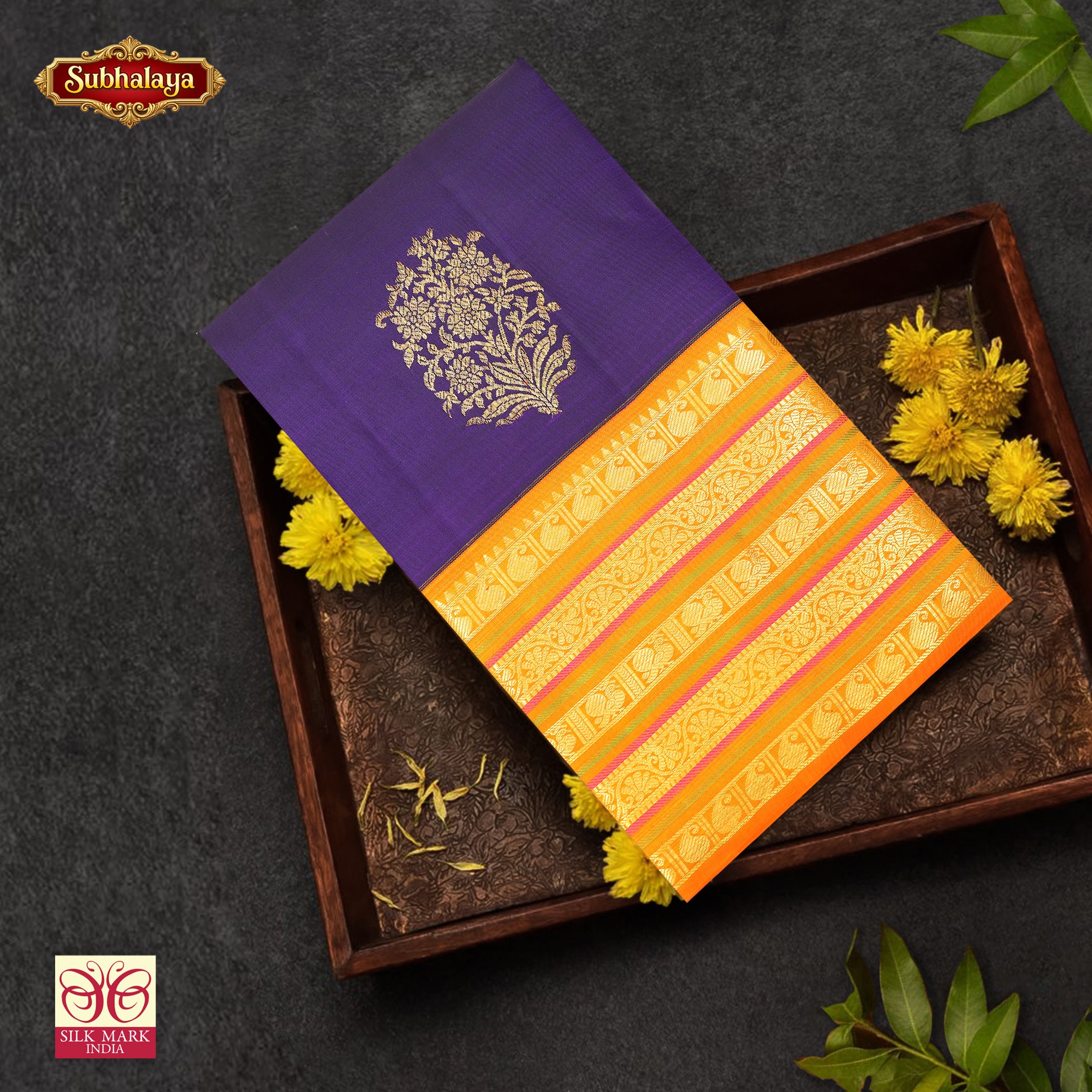 Purple With Orange Kanchipuram Pure Soft Silk Saree