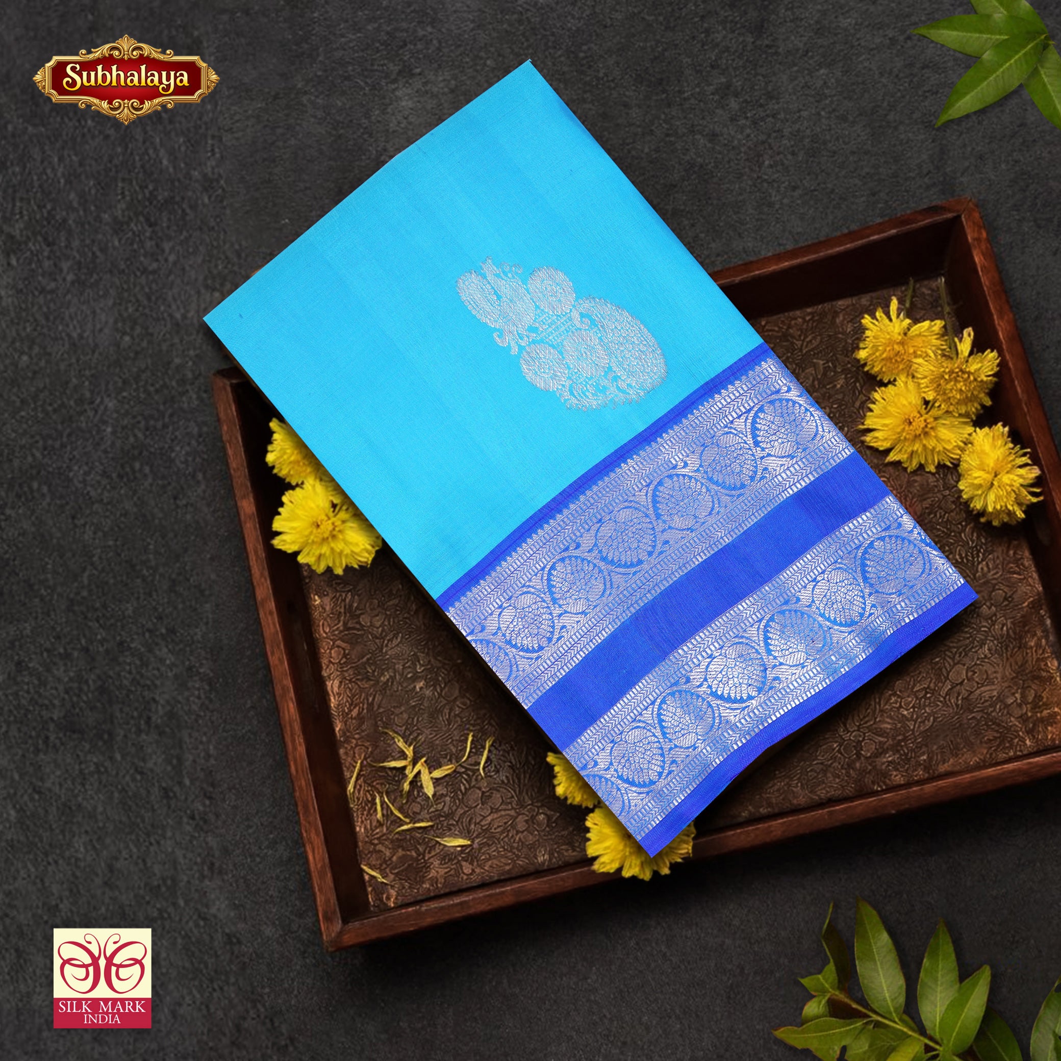 Sky Blue With Ink Blue Kanchipuram Pure Soft Silk Saree