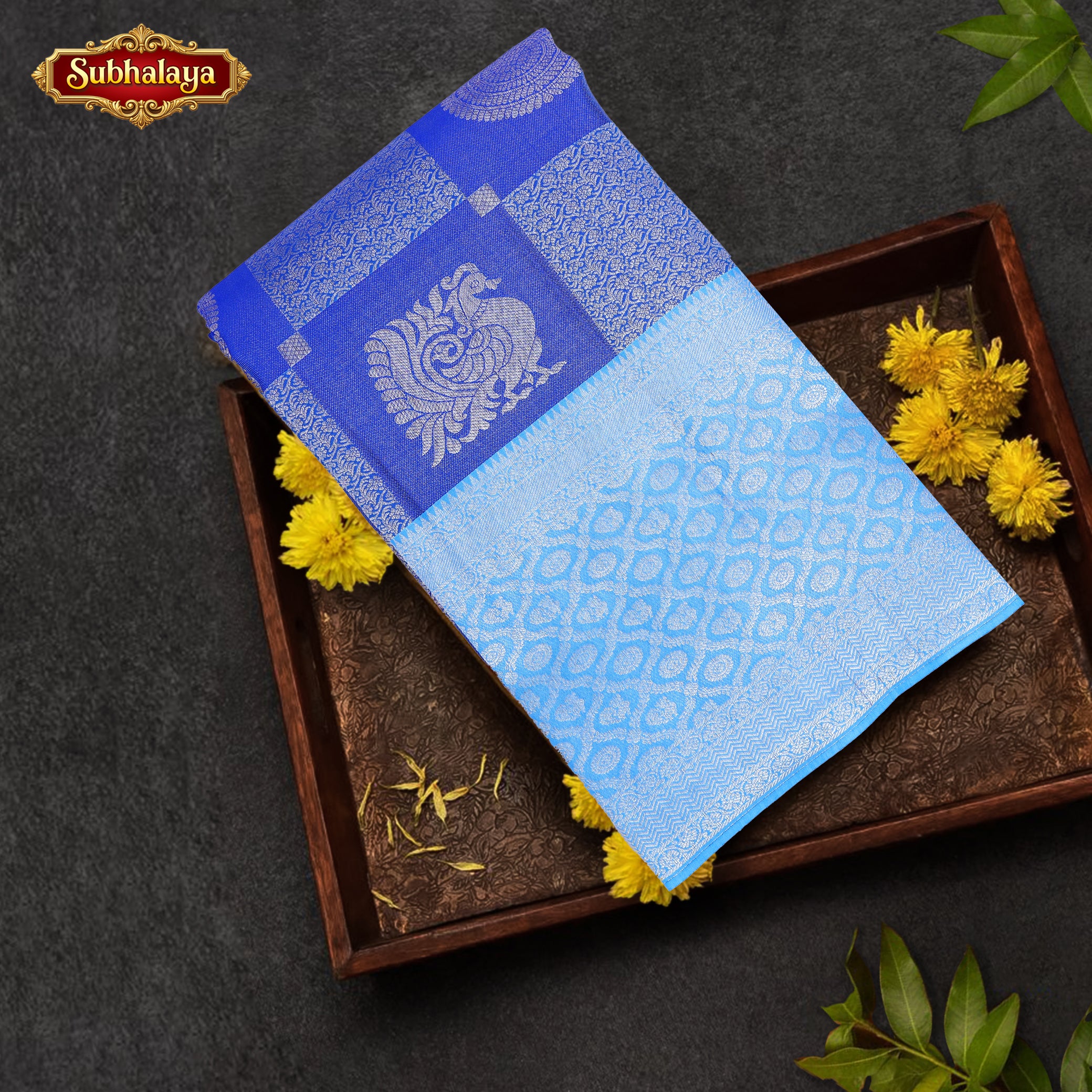 Royal Blue With Sky Blue Silver Zeri border Subalaya Wedding Silk Saree