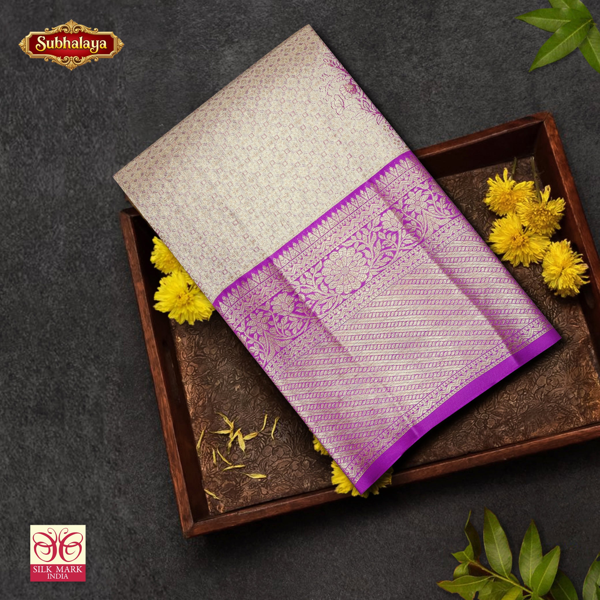 Golden Lavender With Purple Gold Zari border Tissue Wedding Silk Saree