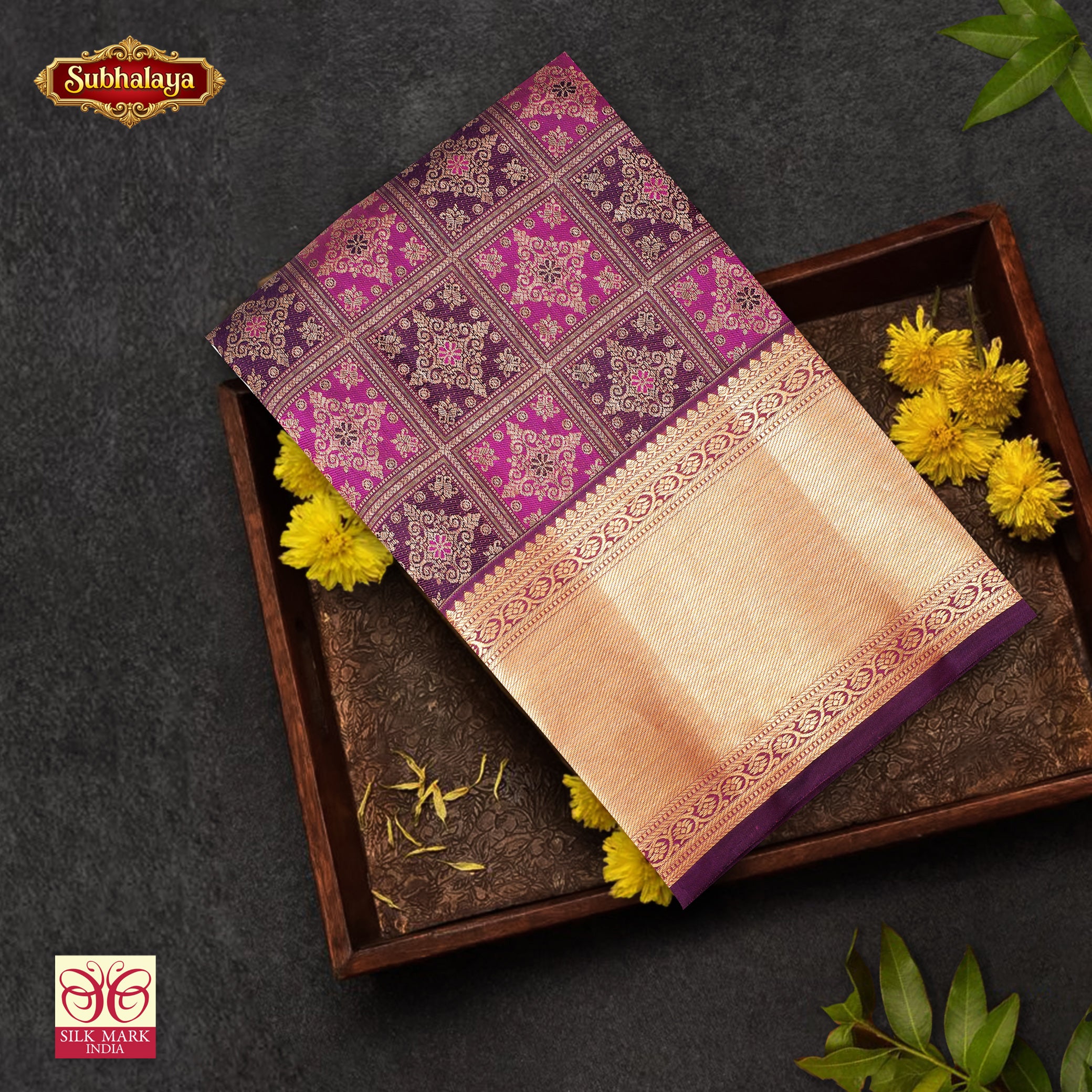 Deep Purple With Meganta Gold Zari border Subhalaya Wedding Silk Saree