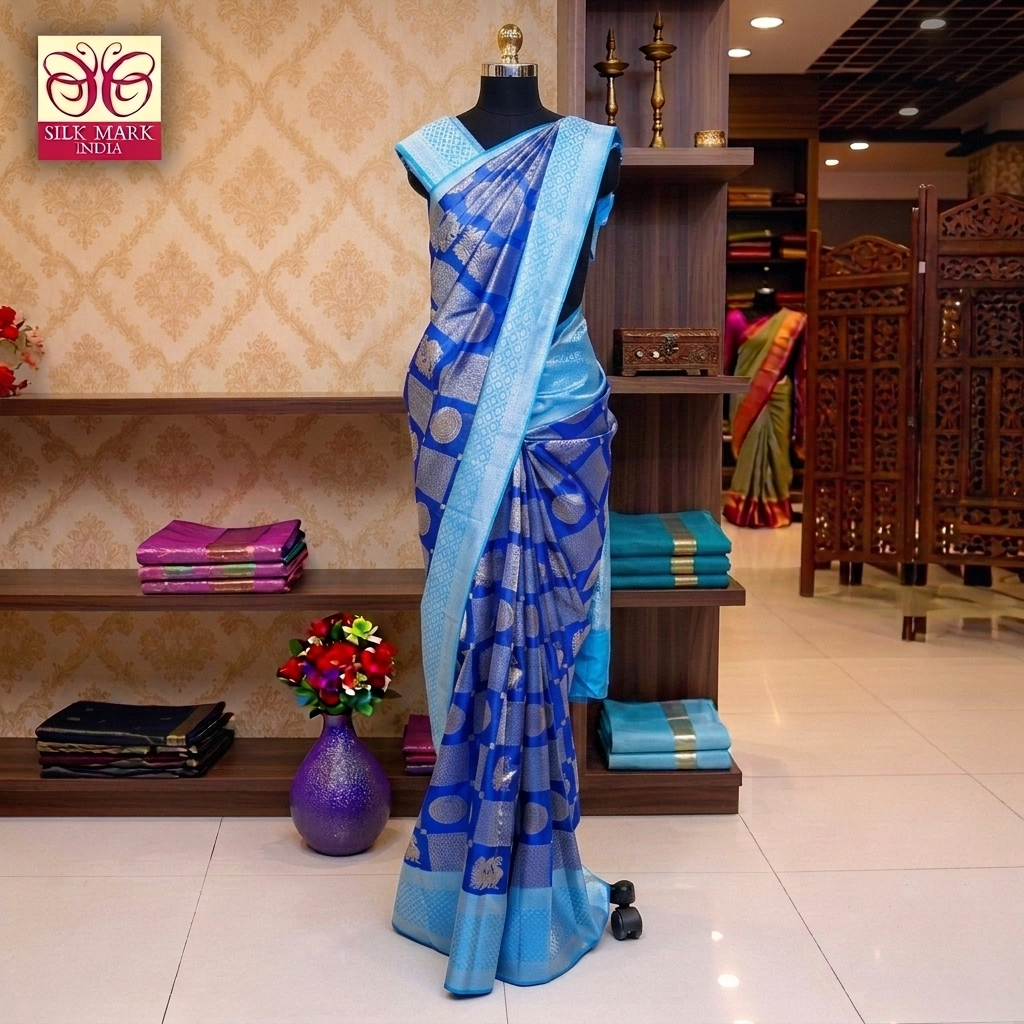 Royal Blue With Sky Blue Silver Zeri border Subalaya Wedding Silk Saree