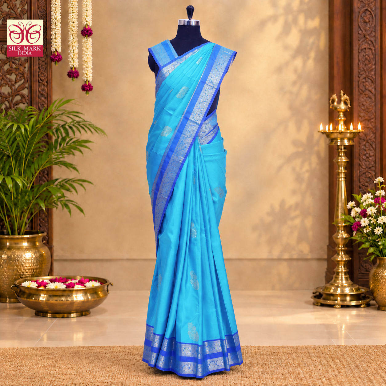 Sky Blue With Ink Blue Kanchipuram Pure Soft Silk Saree