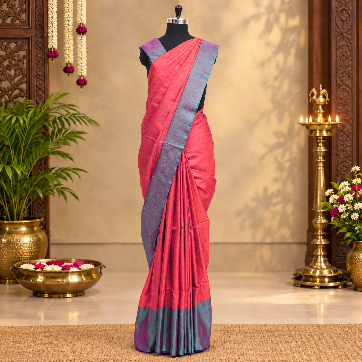 Peach Pink With Dual- Tone Violet Premium Pure Soft Silk Saree