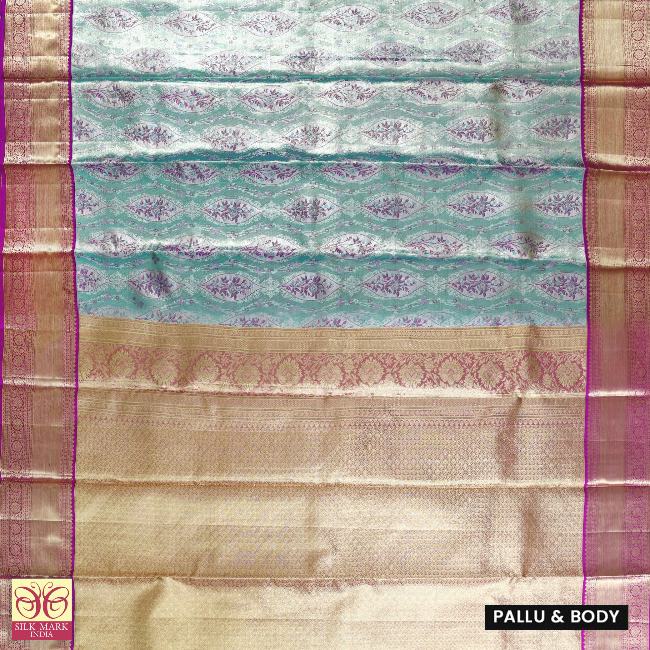 Sea Green With Magenta Pink Gold Zeri Tissue KanchipuramWedding Silk Saree