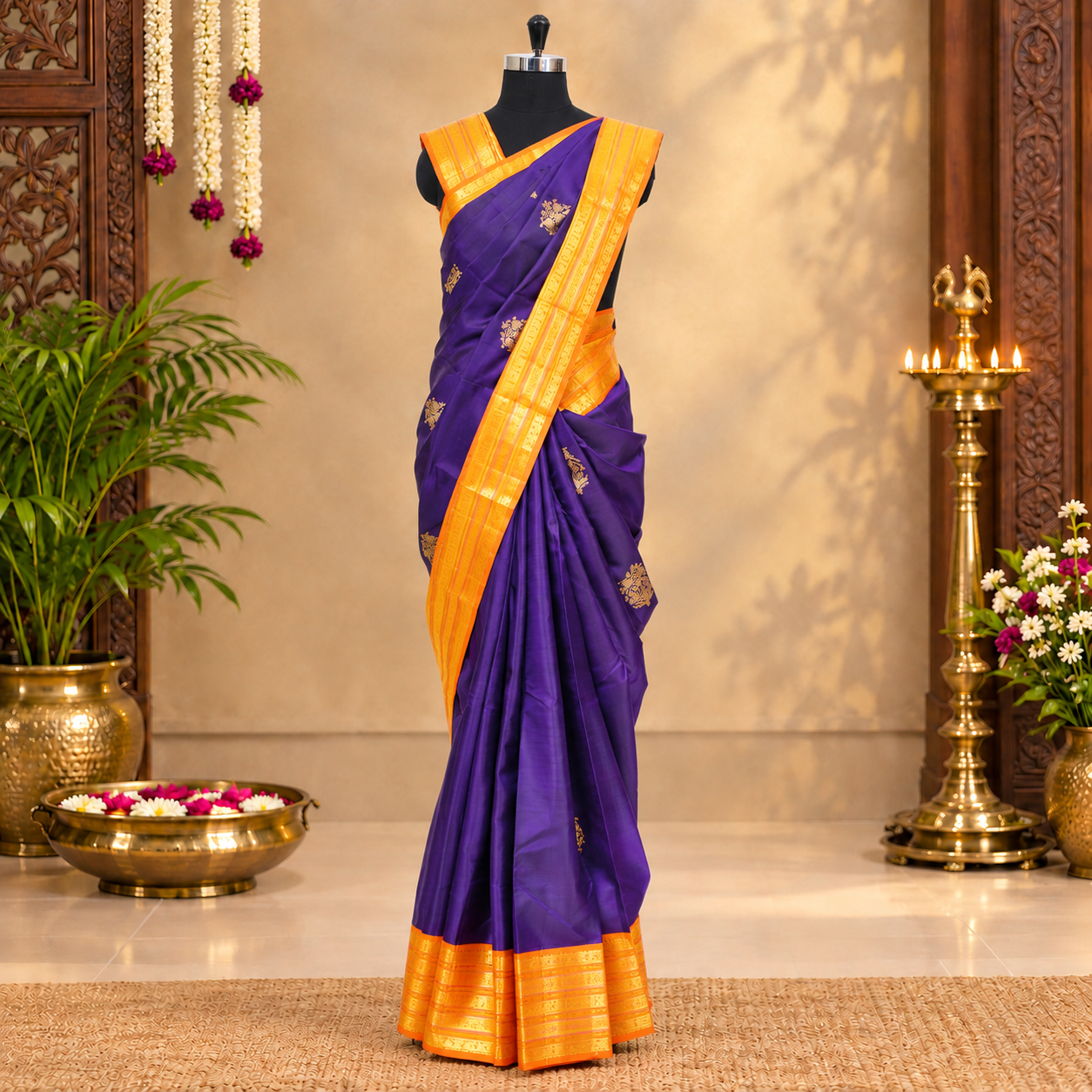 Purple With Orange Kanchipuram Pure Soft Silk Saree