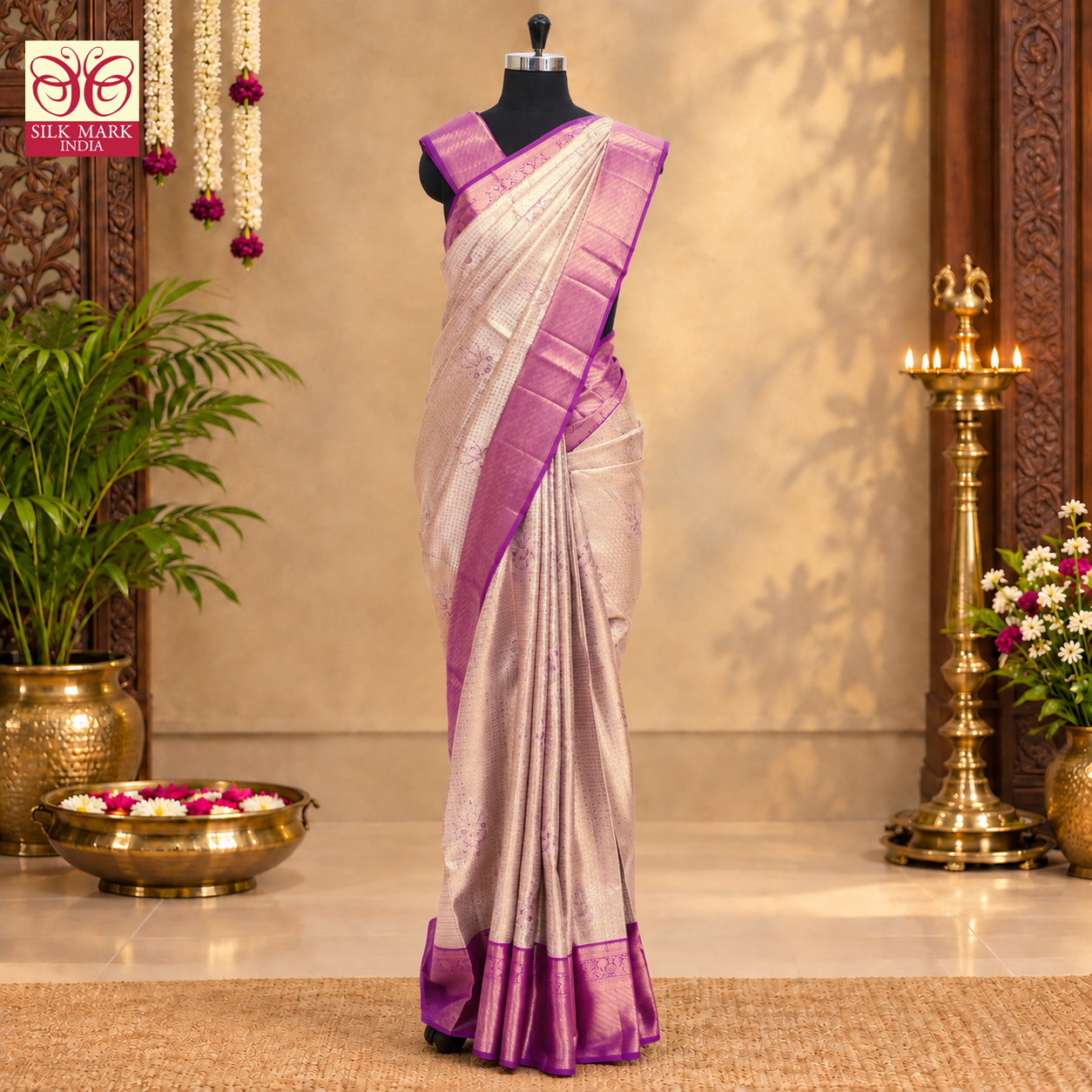 Golden Lavender With Purple Gold Zari border Tissue Wedding Silk Saree