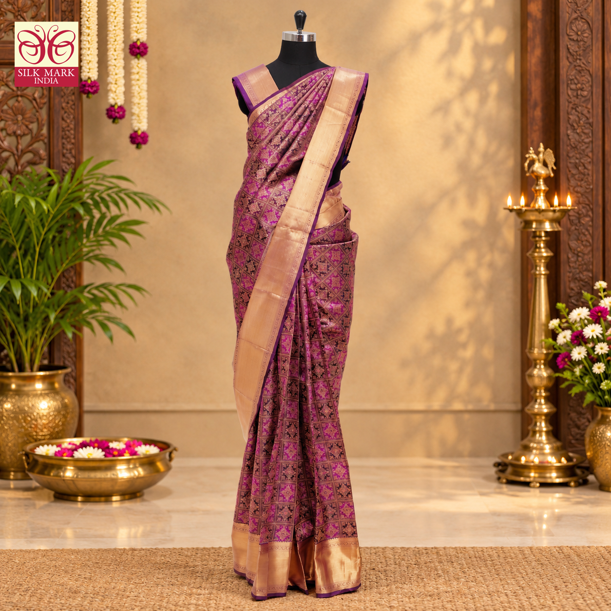 Deep Purple With Meganta Gold Zari border Subhalaya Wedding Silk Saree