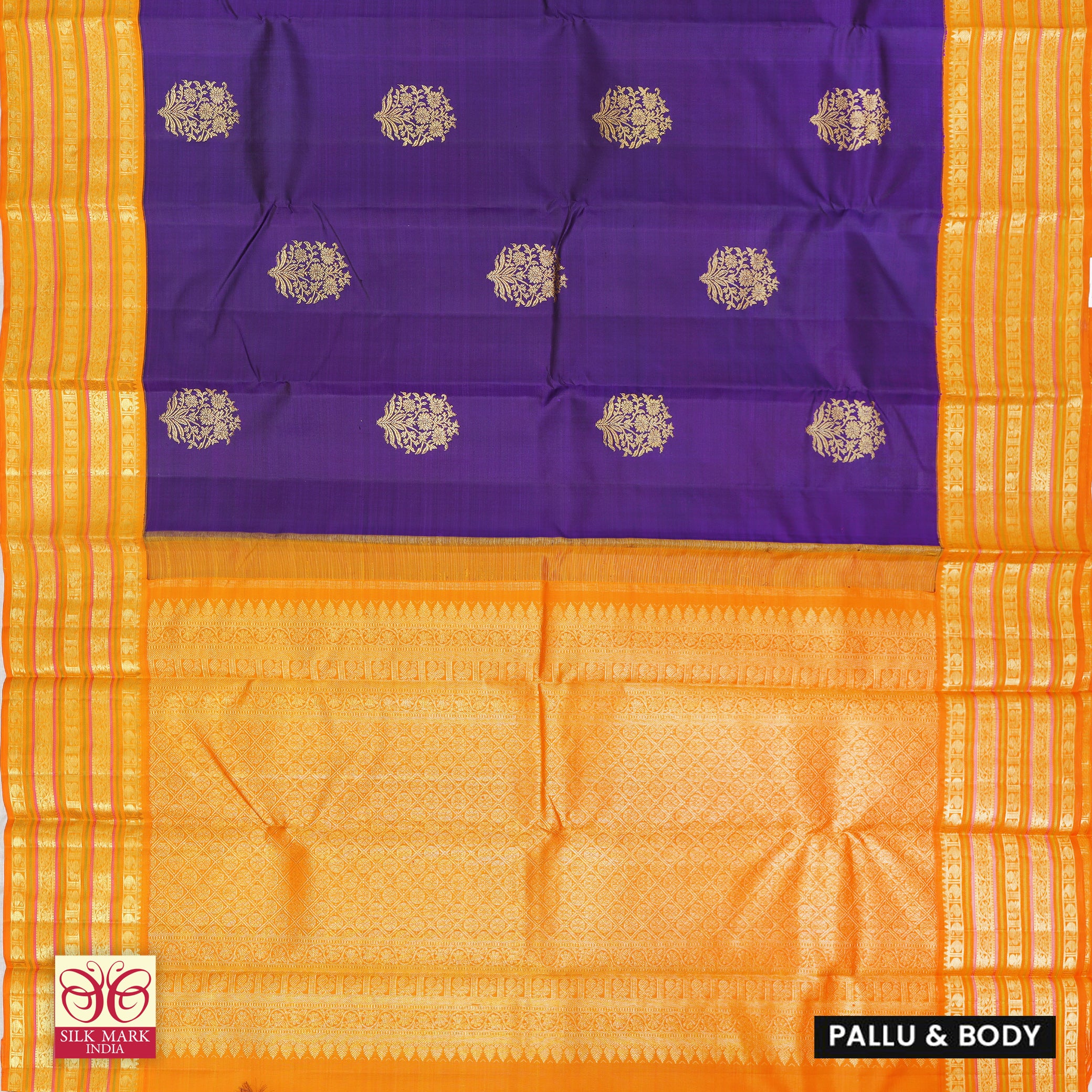 Purple With Orange Kanchipuram Pure Soft Silk Saree