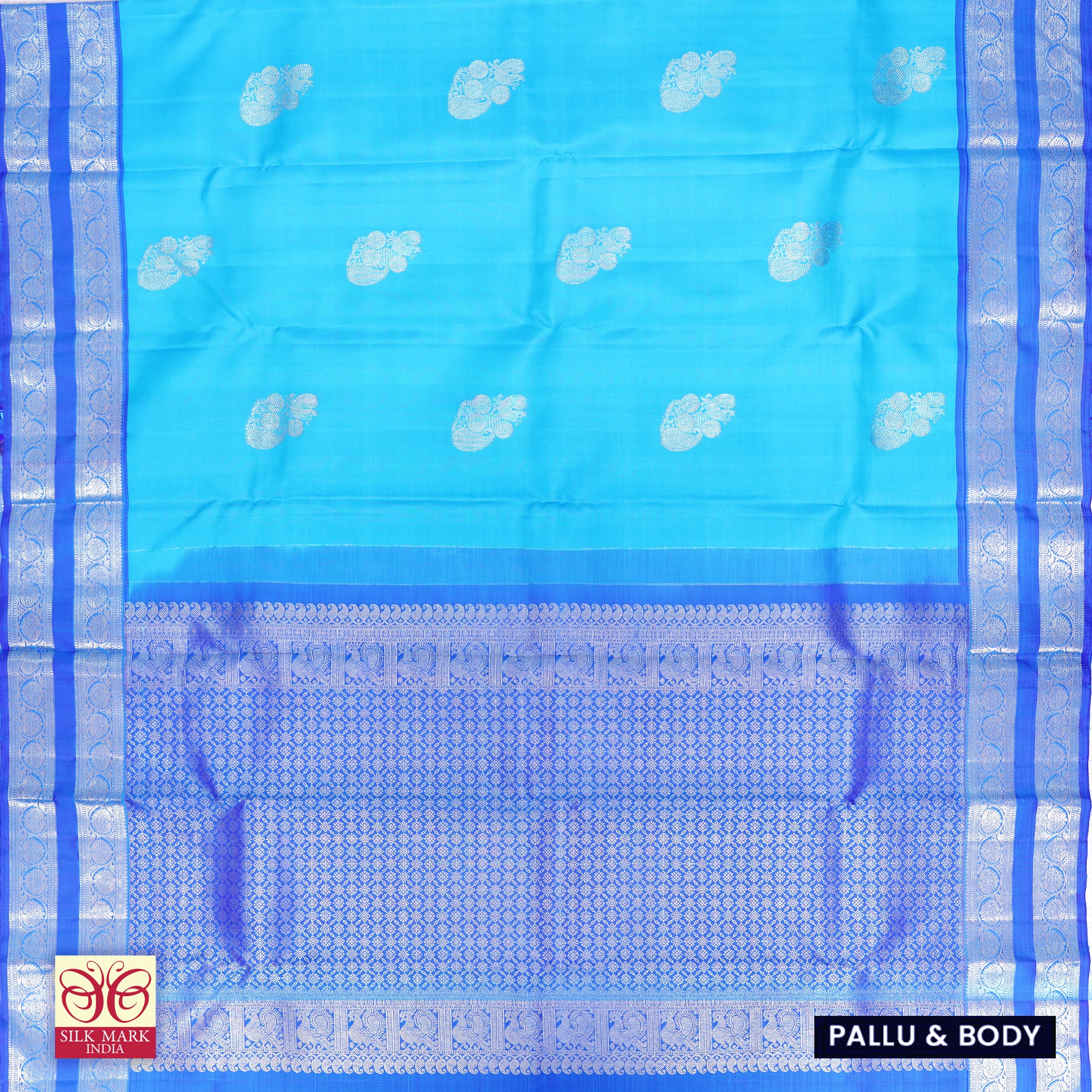 Sky Blue With Ink Blue Kanchipuram Pure Soft Silk Saree