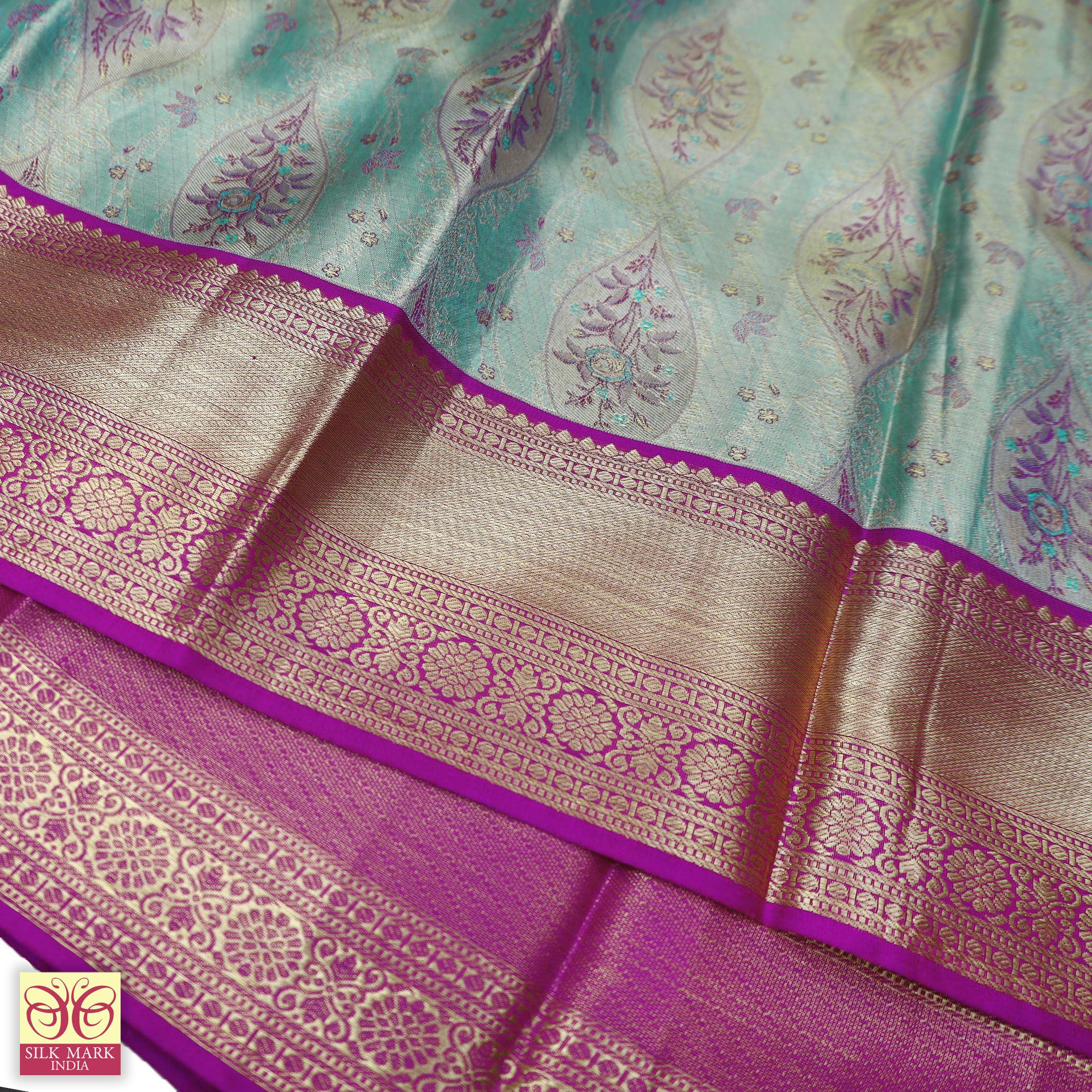 Sea Green With Magenta Pink Gold Zeri Tissue KanchipuramWedding Silk Saree