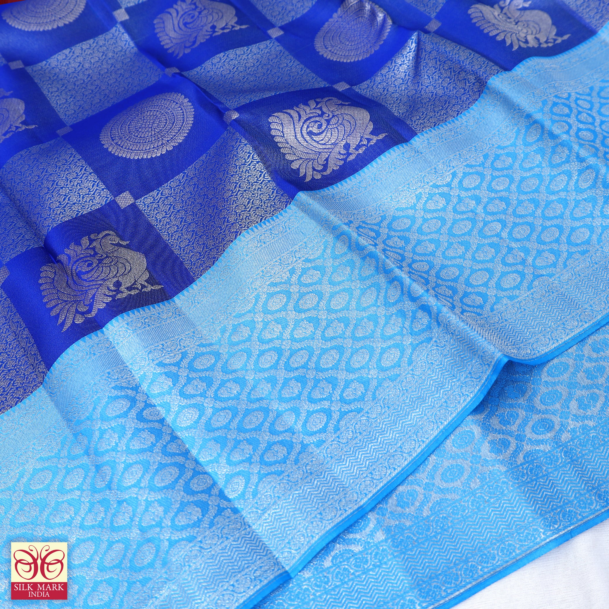 Royal Blue With Sky Blue Silver Zeri border Subalaya Wedding Silk Saree