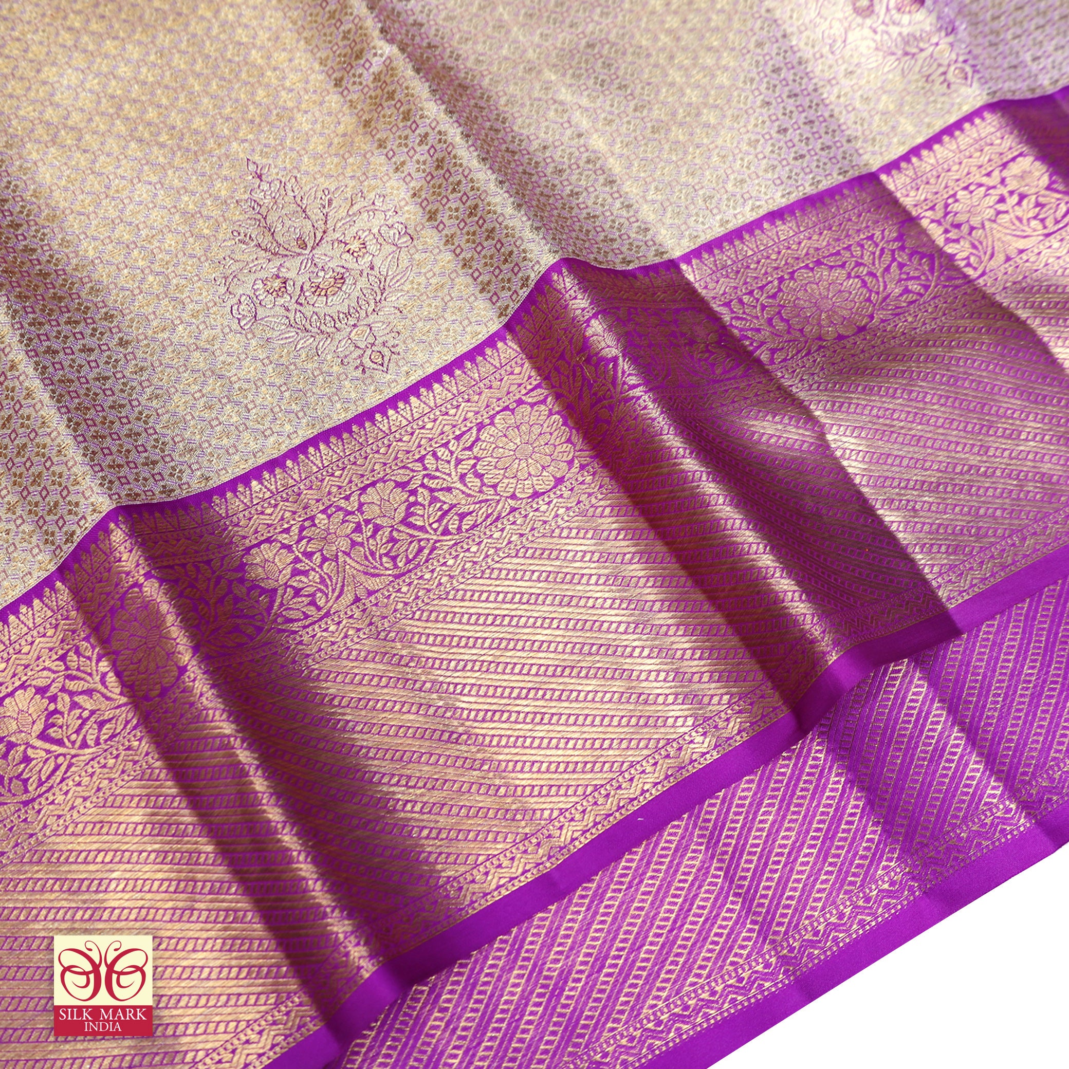 Golden Lavender With Purple Gold Zari border Tissue Wedding Silk Saree