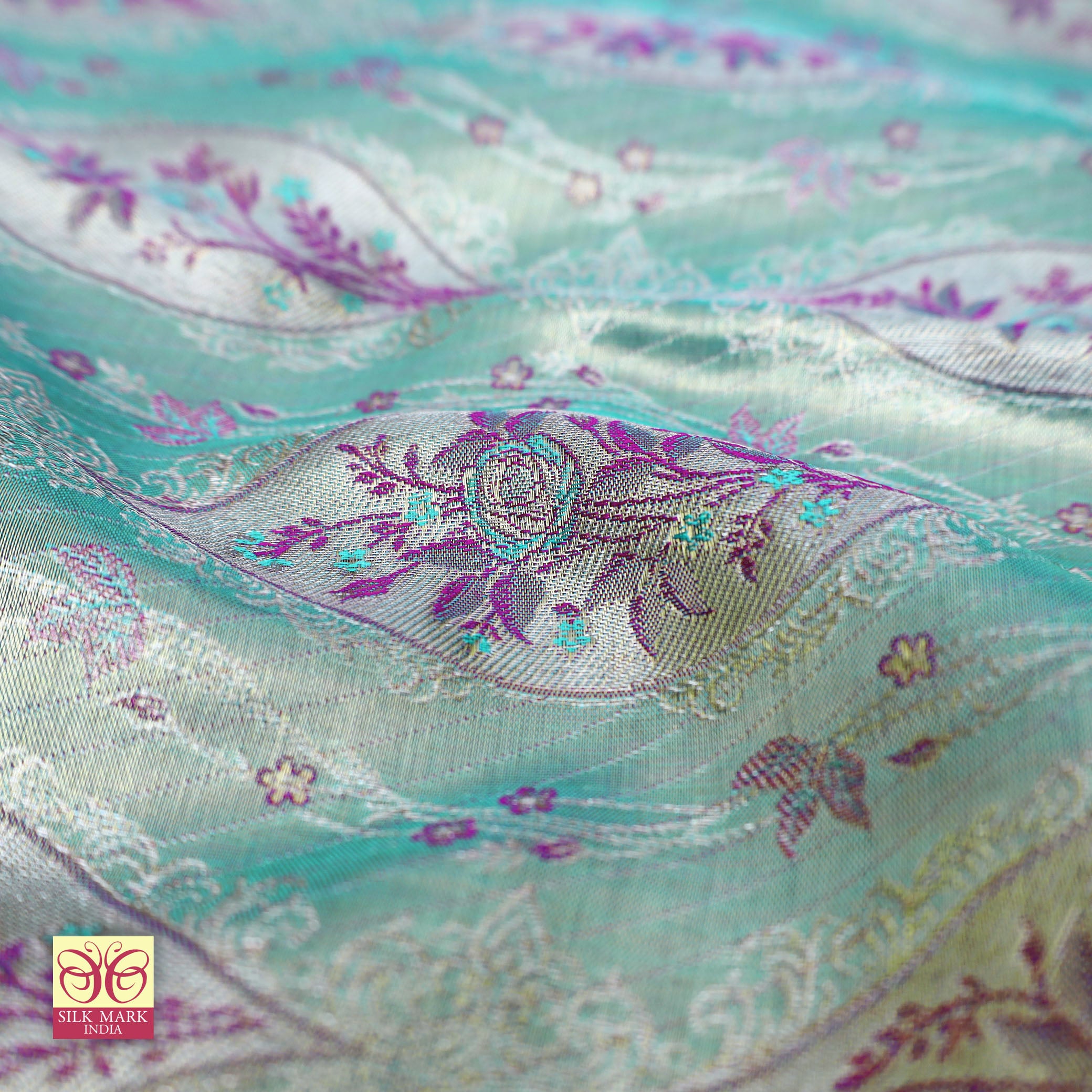 Sea Green With Magenta Pink Gold Zeri Tissue KanchipuramWedding Silk Saree