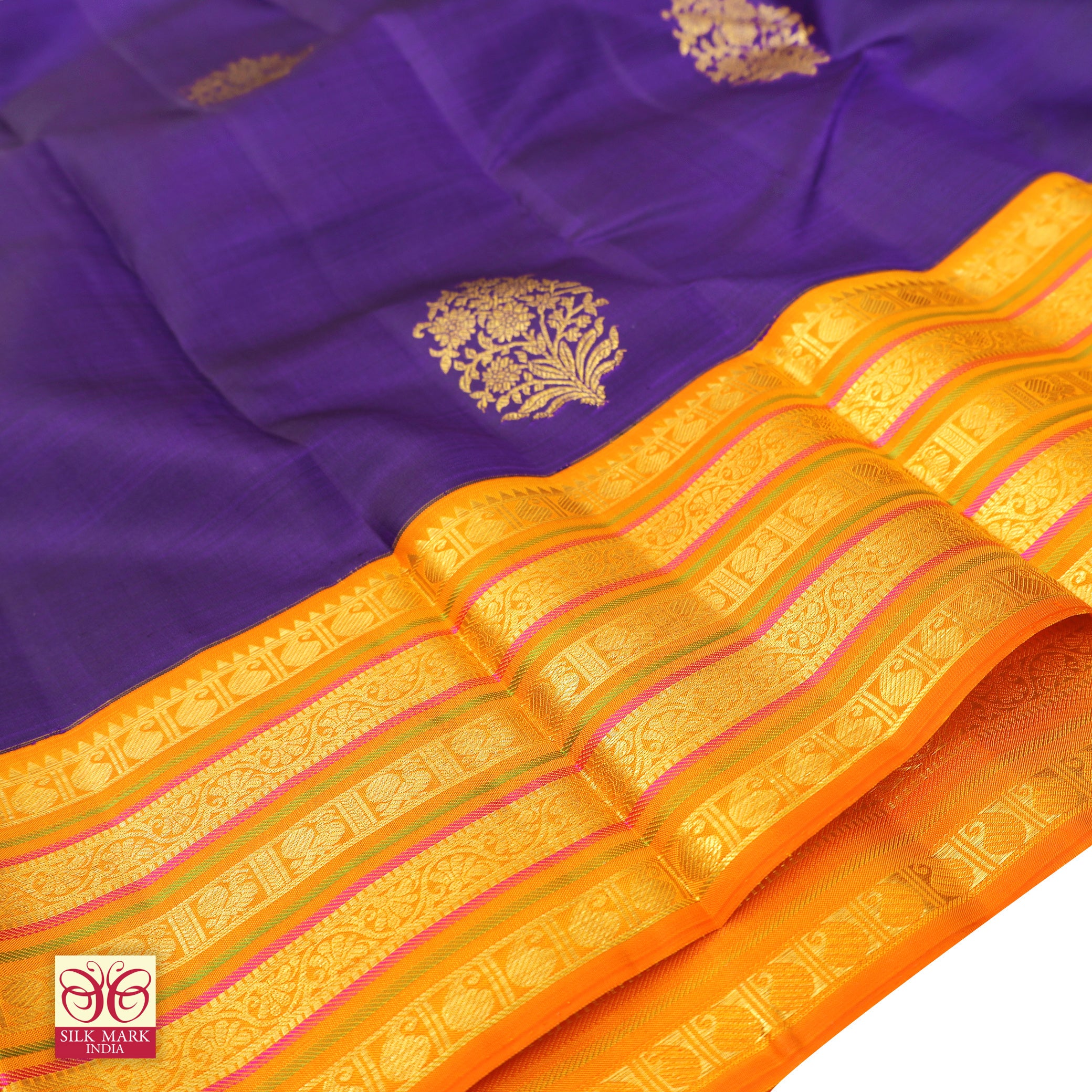 Purple With Orange Kanchipuram Pure Soft Silk Saree