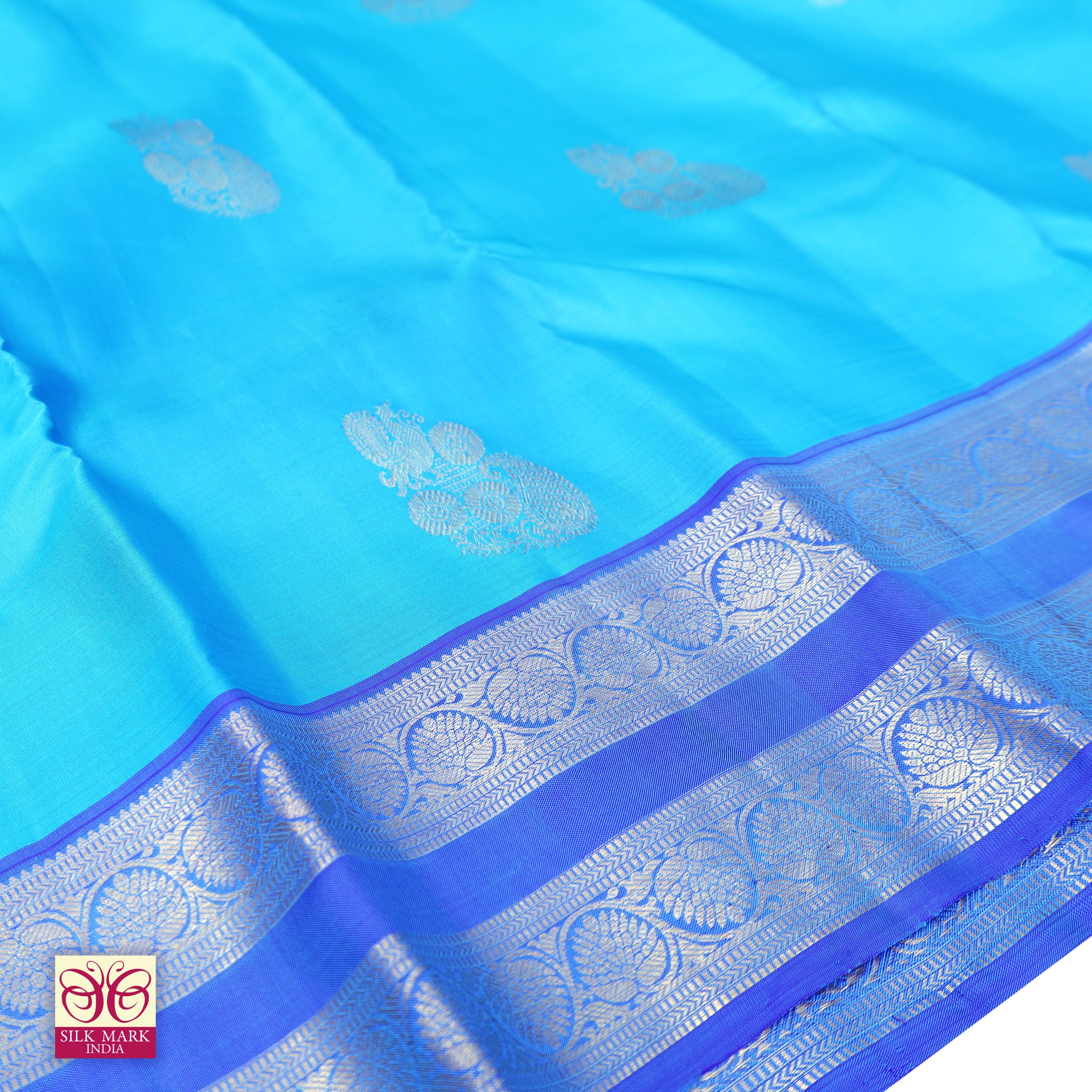 Sky Blue With Ink Blue Kanchipuram Pure Soft Silk Saree