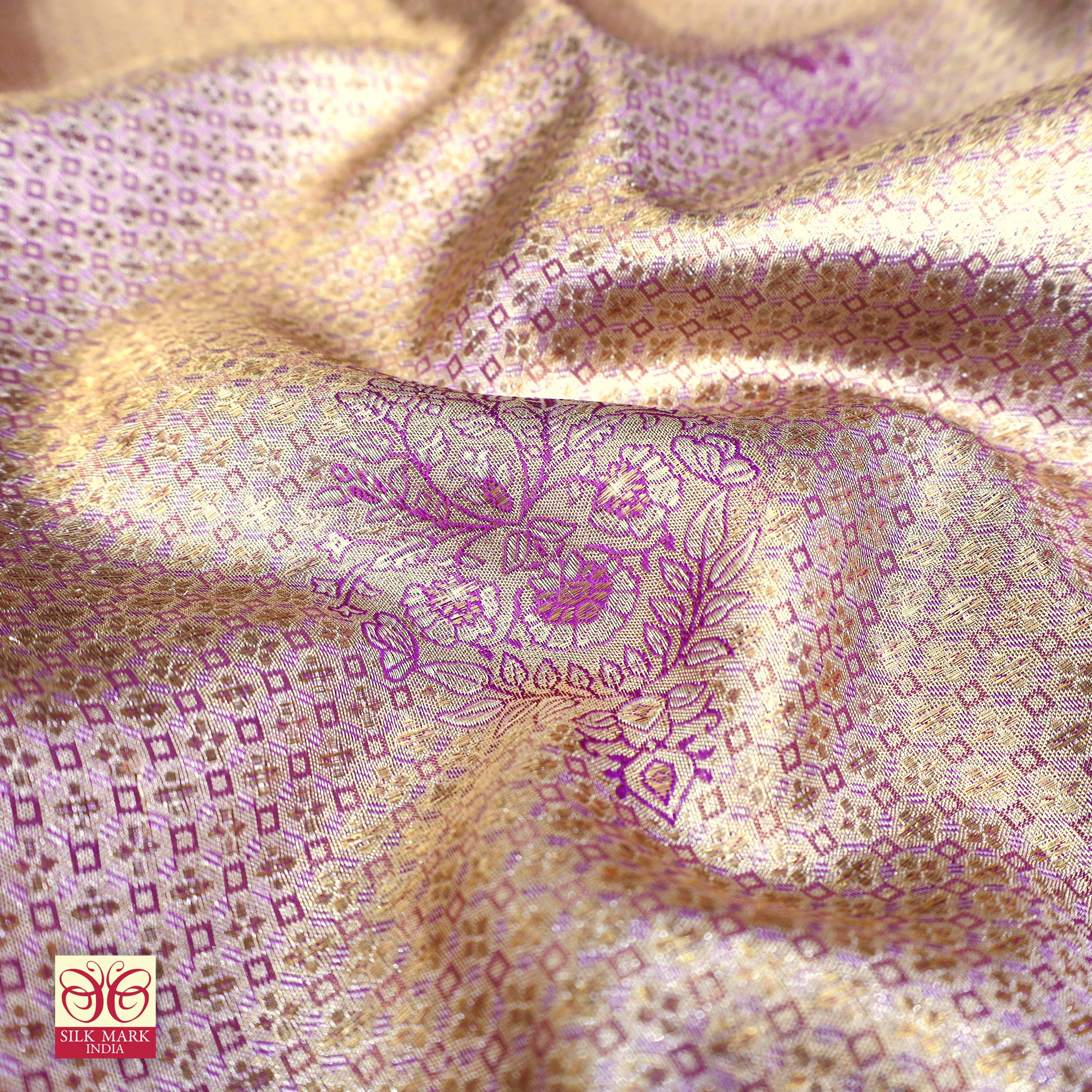 Golden Lavender With Purple Gold Zari border Tissue Wedding Silk Saree