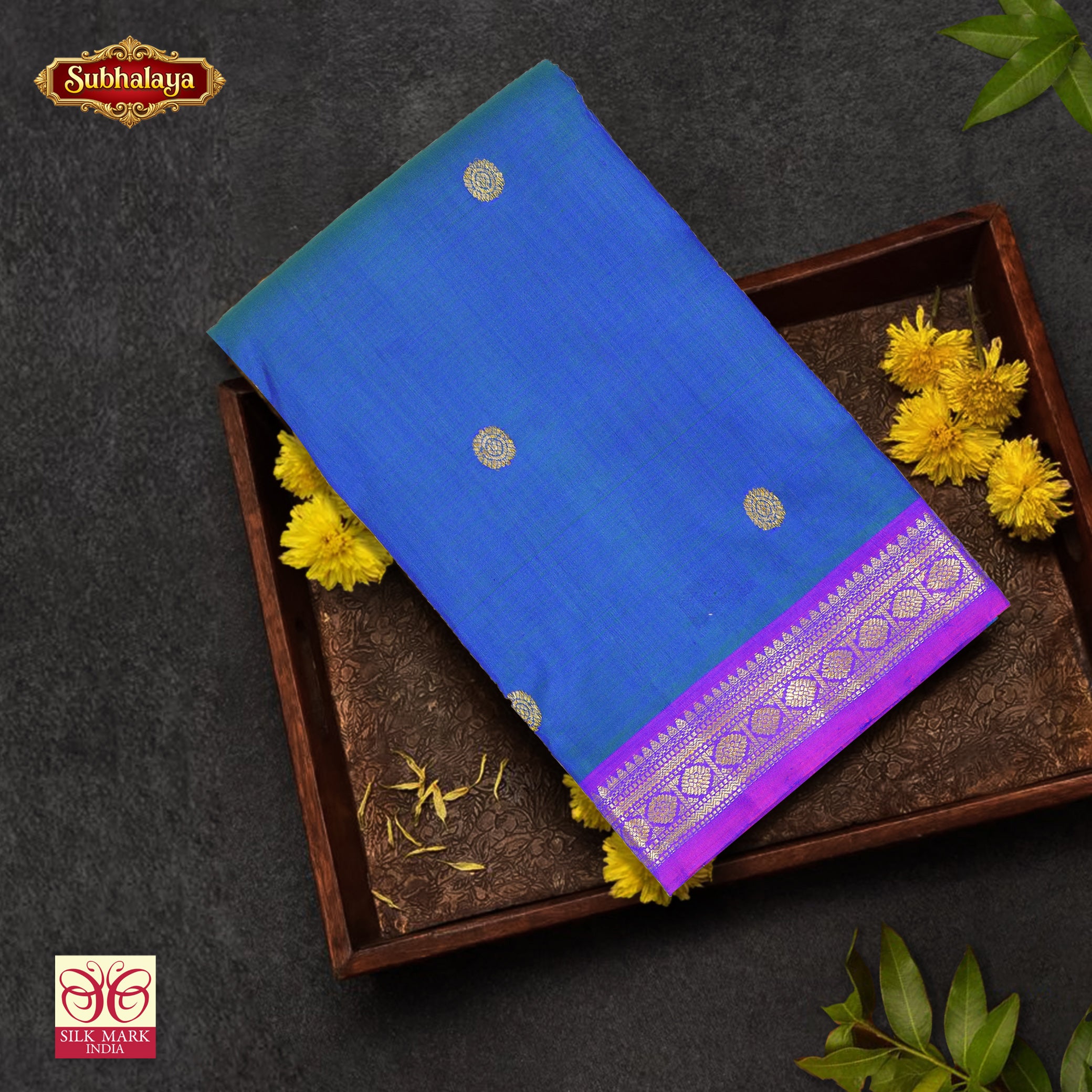 Ink Blue With Violet Kanchipuram Pure Soft Silk Saree