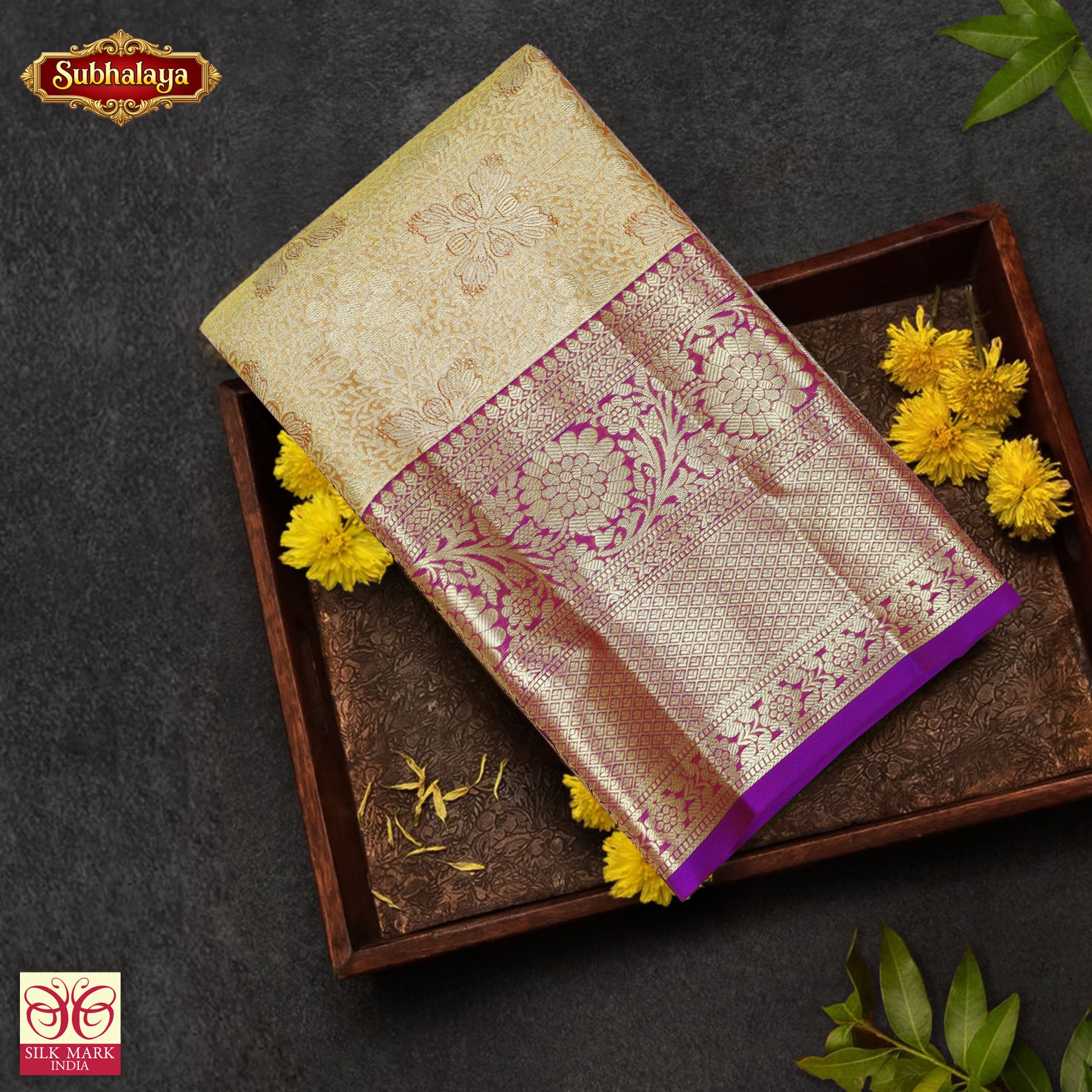 Gold With Lavender Gold Zari border Subalaya Wedding Silk Saree