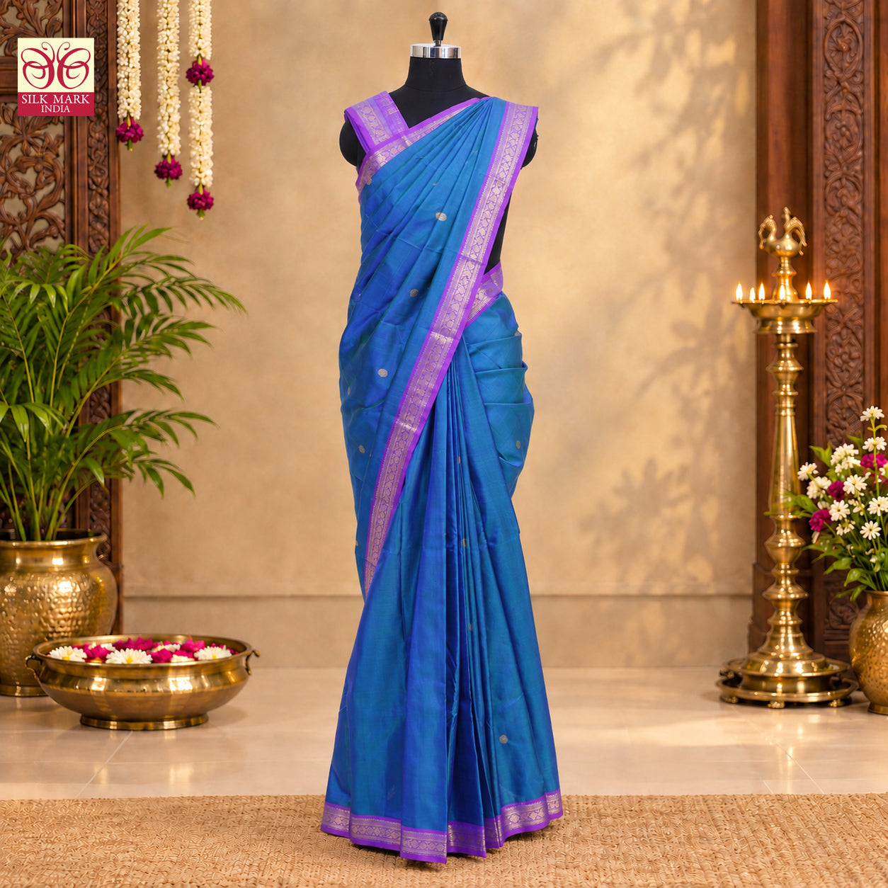 Ink Blue With Violet Kanchipuram Pure Soft Silk Saree