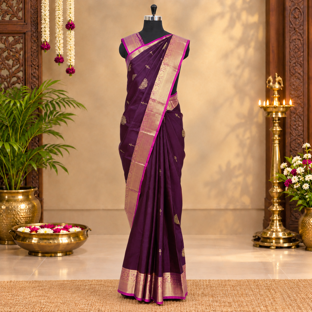 Dark Violet With Magenta Pink Kanchipuram Pure Soft Silk Saree