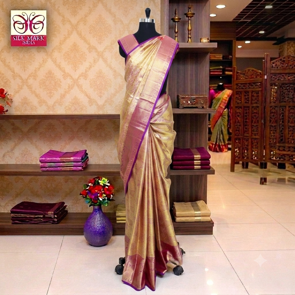 Gold With Lavender Gold Zari border Subalaya Wedding Silk Saree