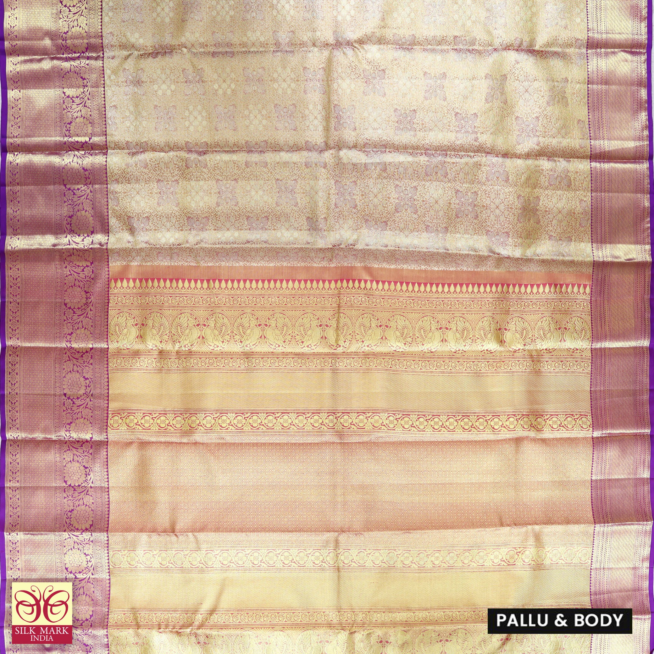 Gold With Lavender Gold Zari border Subalaya Wedding Silk Saree