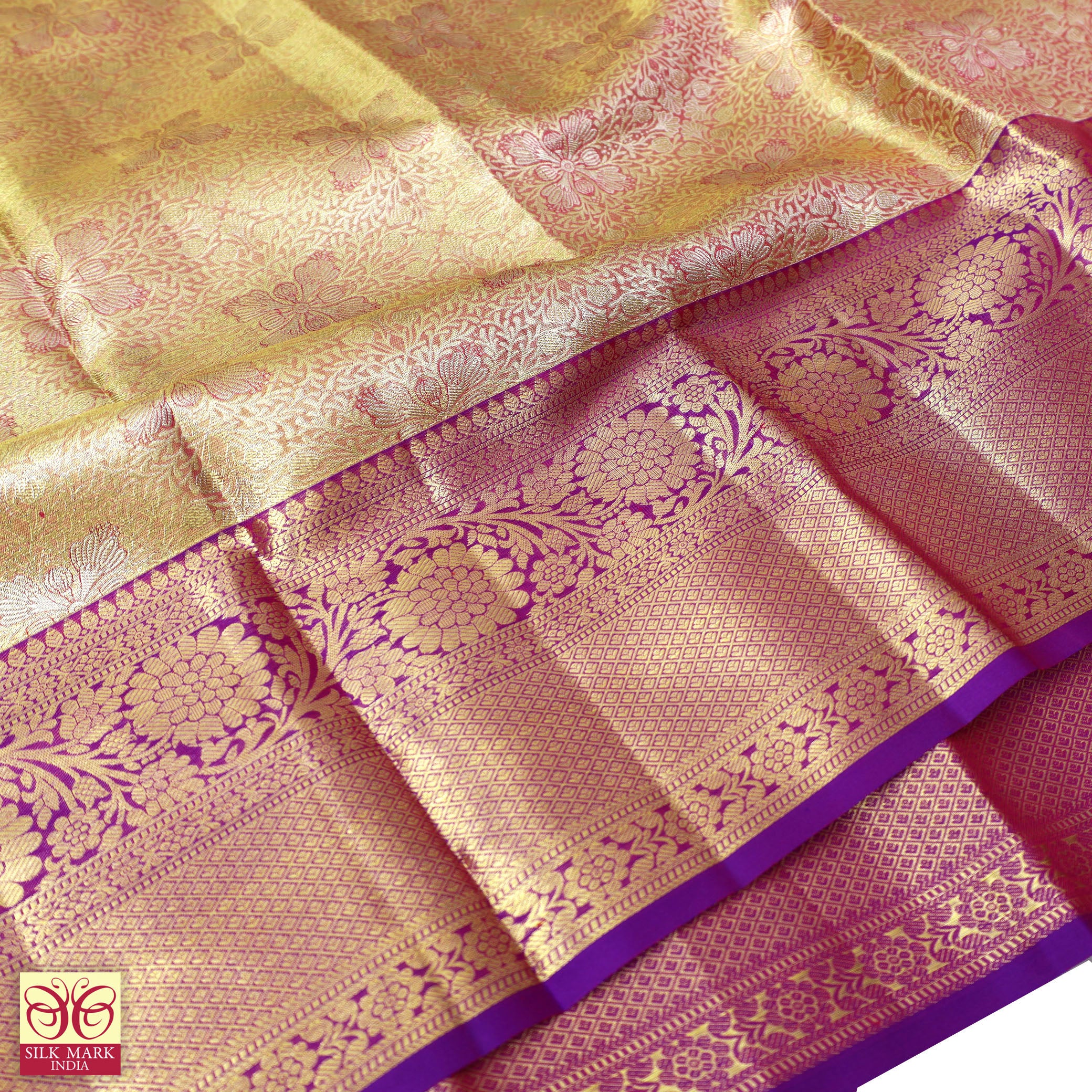 Gold With Lavender Gold Zari border Subalaya Wedding Silk Saree