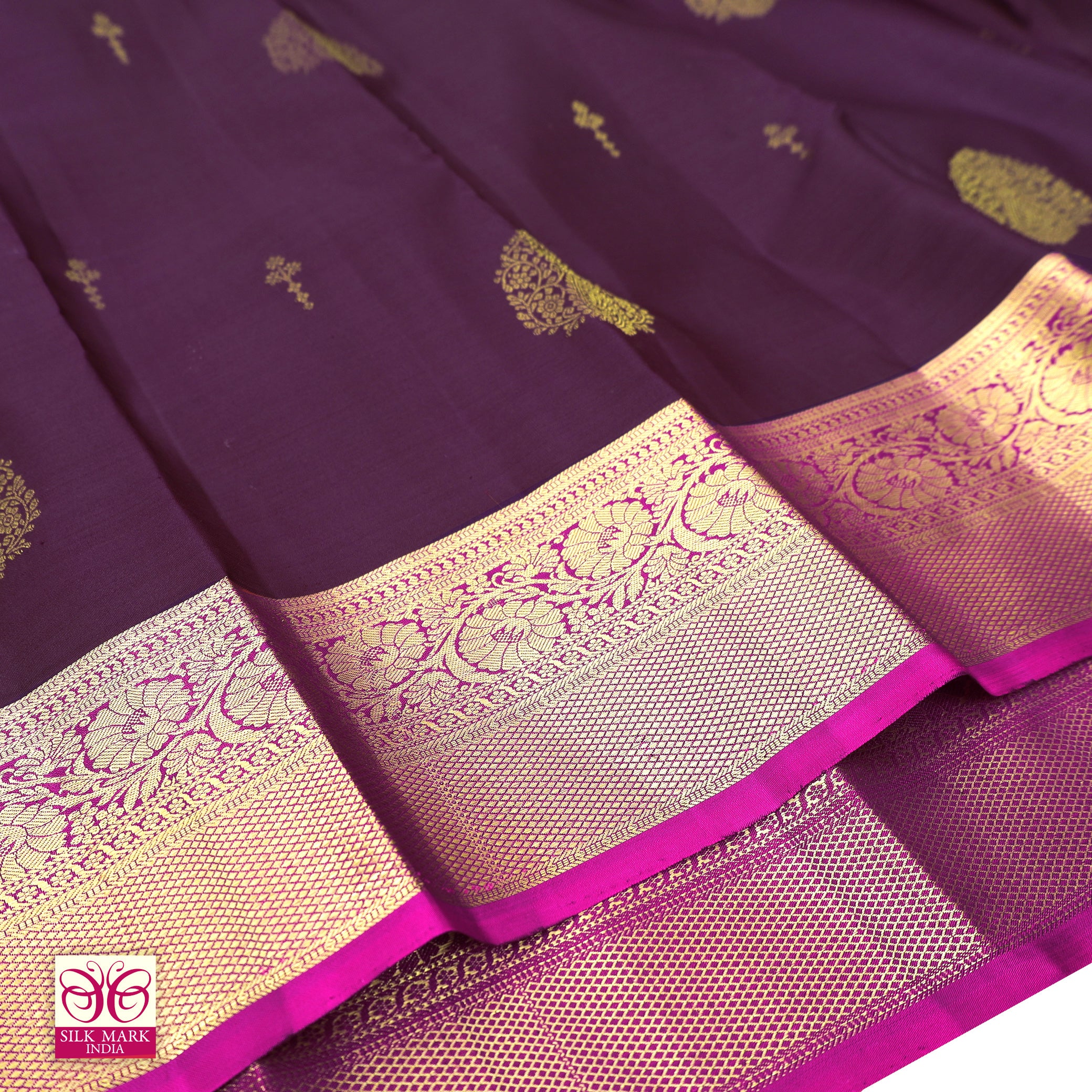 Dark Violet With Magenta Pink Kanchipuram Pure Soft Silk Saree