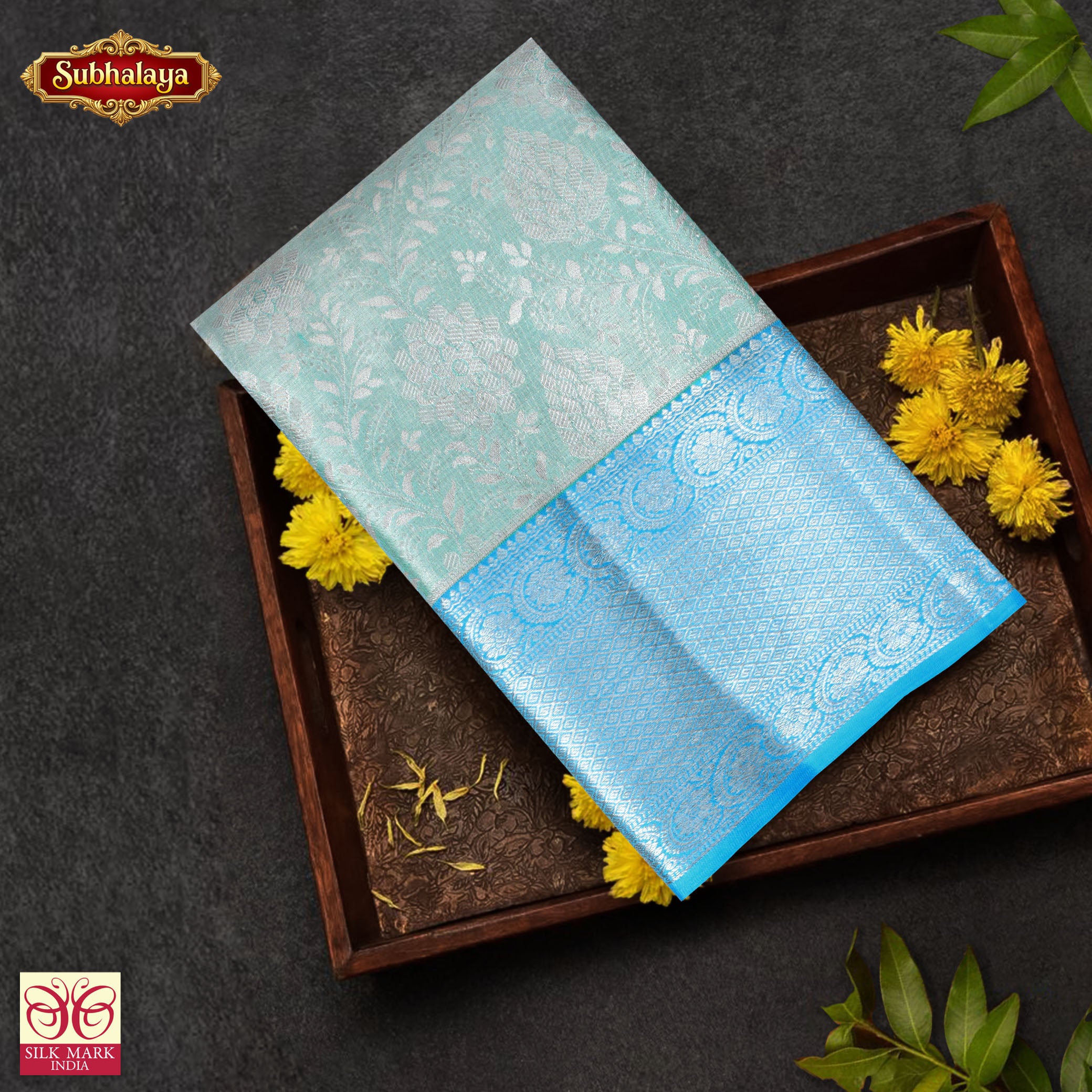 Turquoise Blue With Sky Blue Silver Zari border Tissue Kanchipuram Wedding Silk Saree