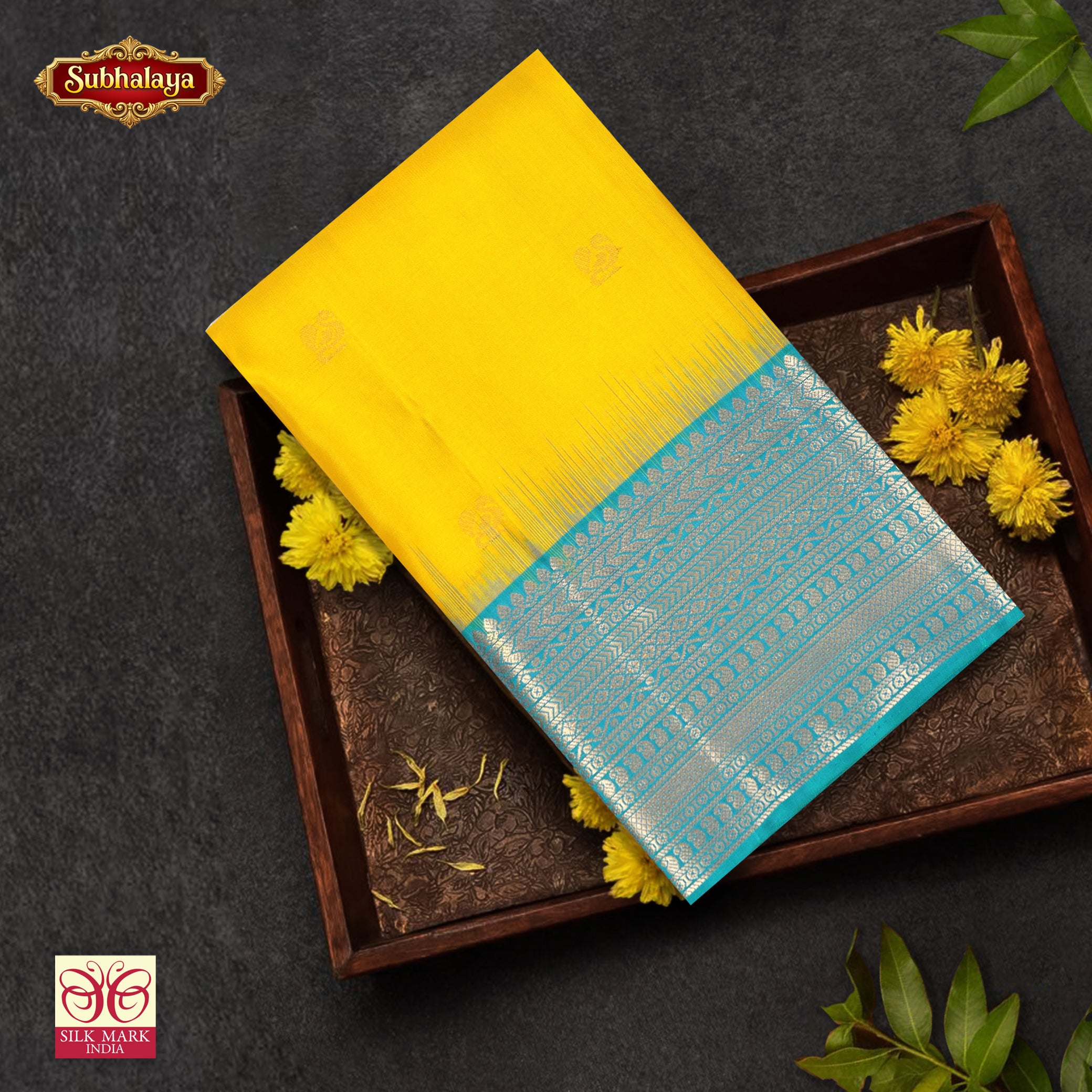 Mustard Yellow With Sky Blue Kanchipuram Pure Soft Silk Saree