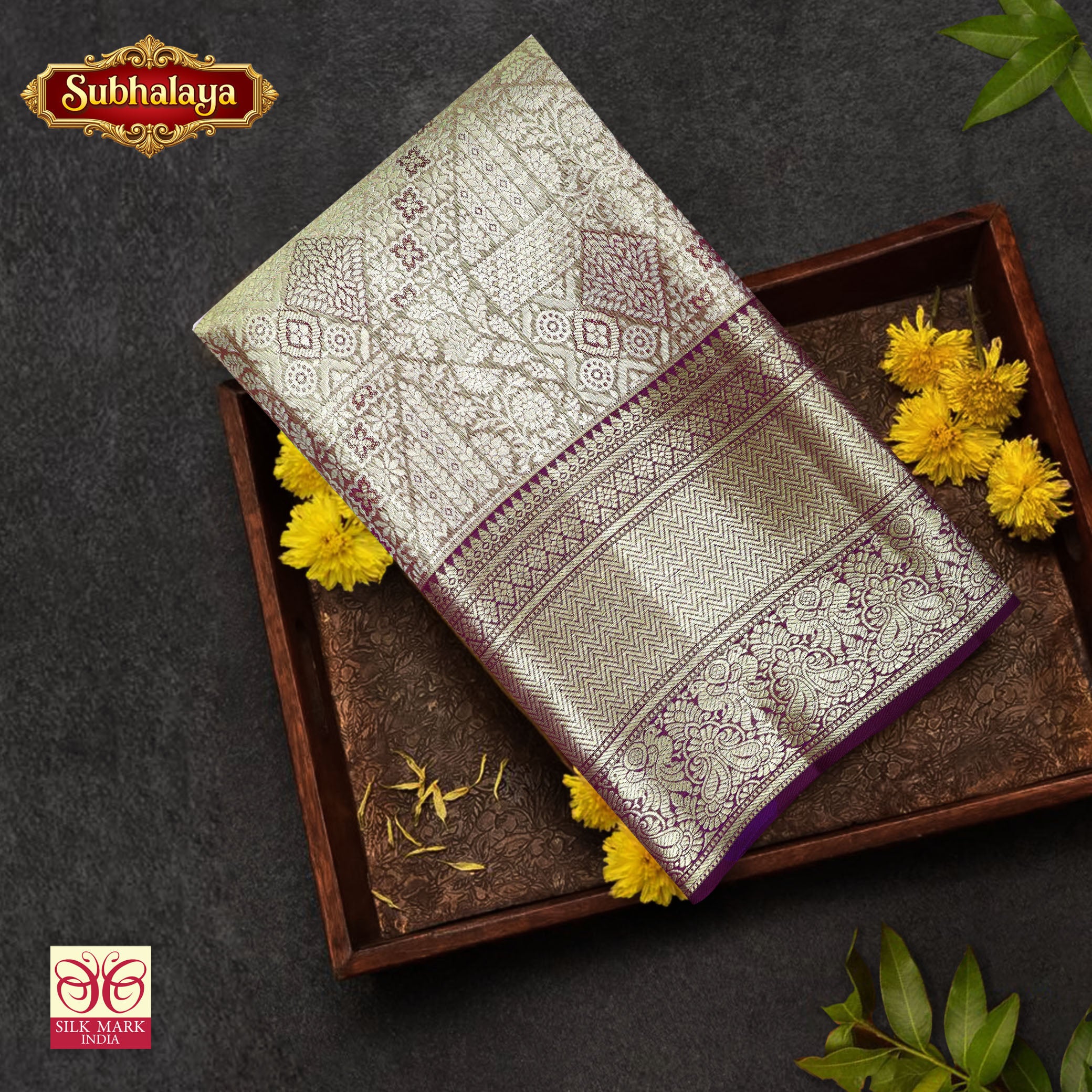 Metallic Light Gold With Dark Purple Tissue Kanchipuram Wedding Silk Saree