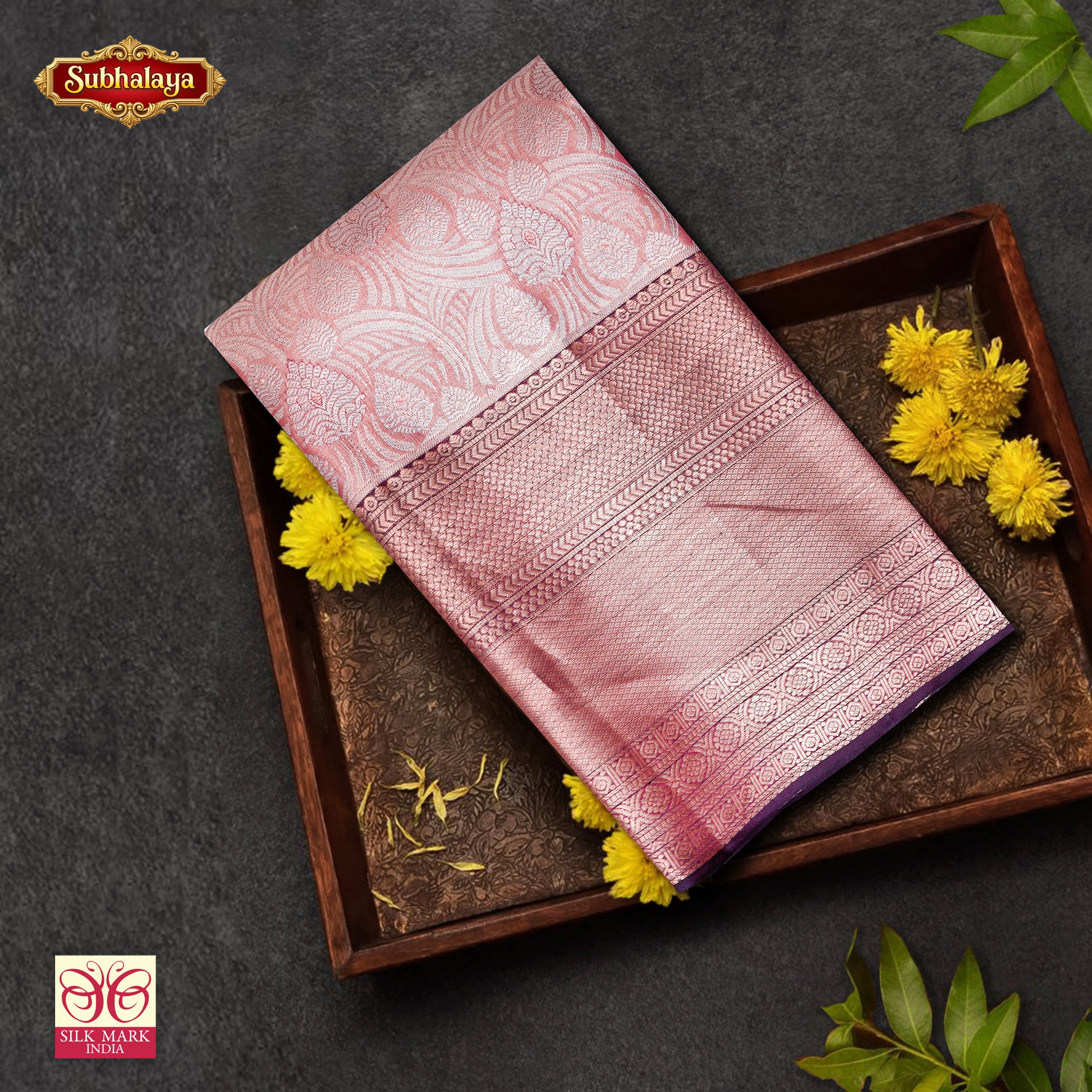 Peach Color Gold Zari border Tissue Wedding Silk Saree