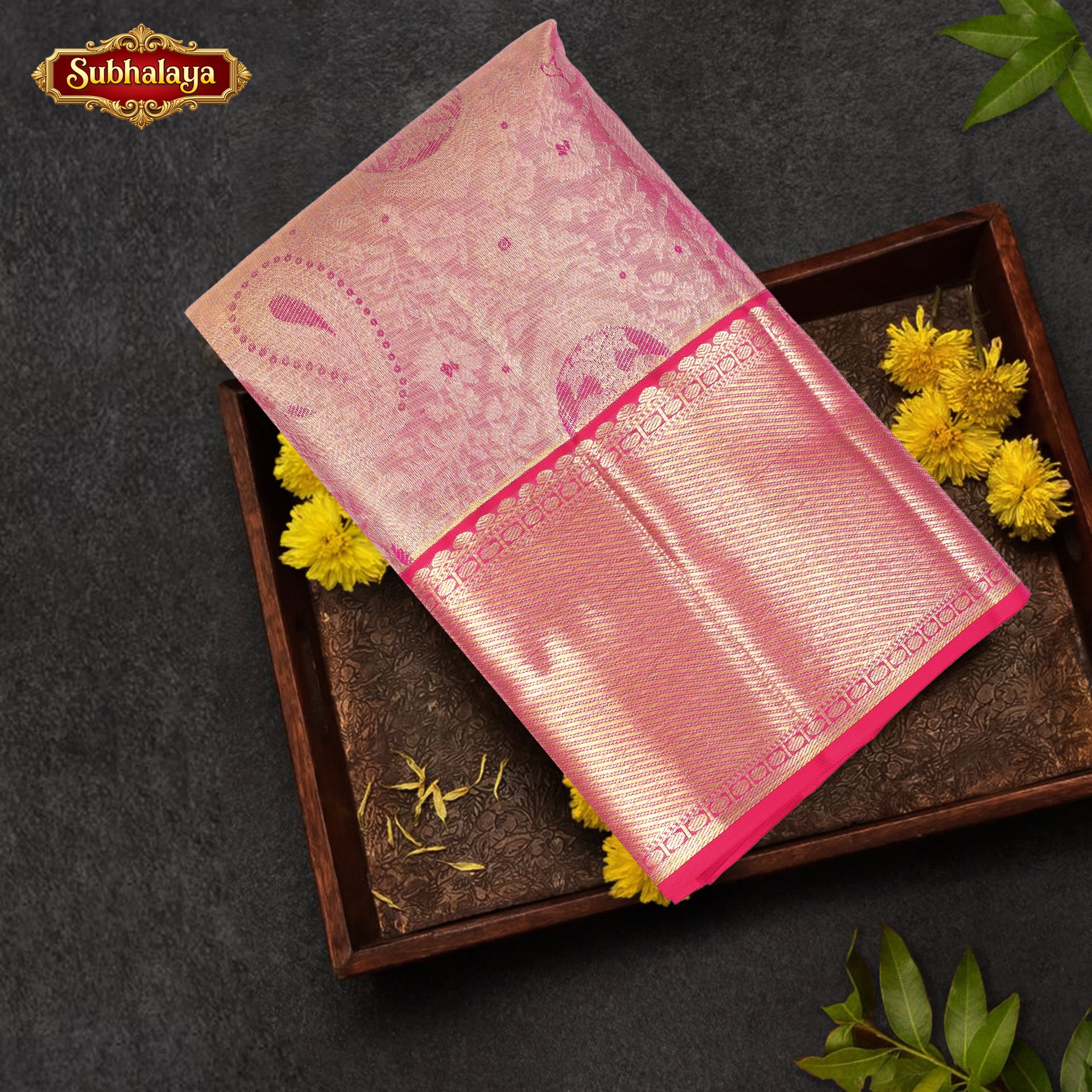 Light Pink With Rani Pink Gold Zeri border Tissue KanchipuramWedding Silk Saree