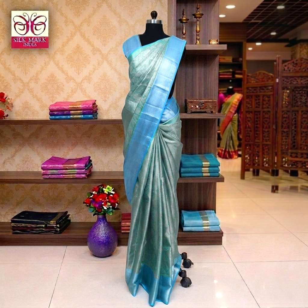 Turquoise Blue With Sky Blue Silver Zari border Tissue Kanchipuram Wedding Silk Saree