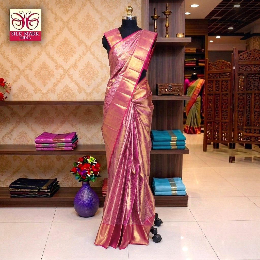 Light Pink With Rani Pink Gold Zeri border Tissue KanchipuramWedding Silk Saree