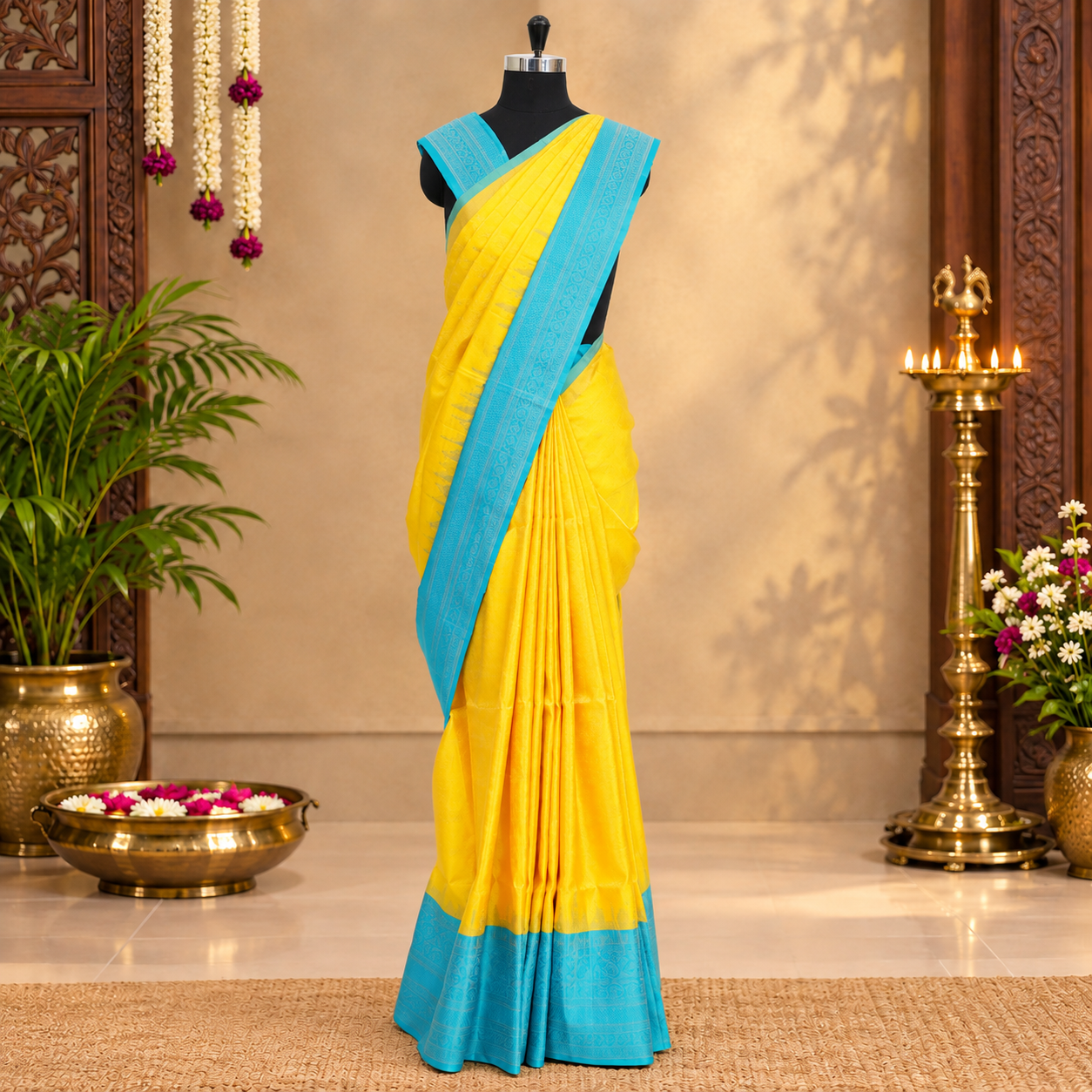 Mustard Yellow With Turquoise Blue Premium Pure Soft Silk Saree