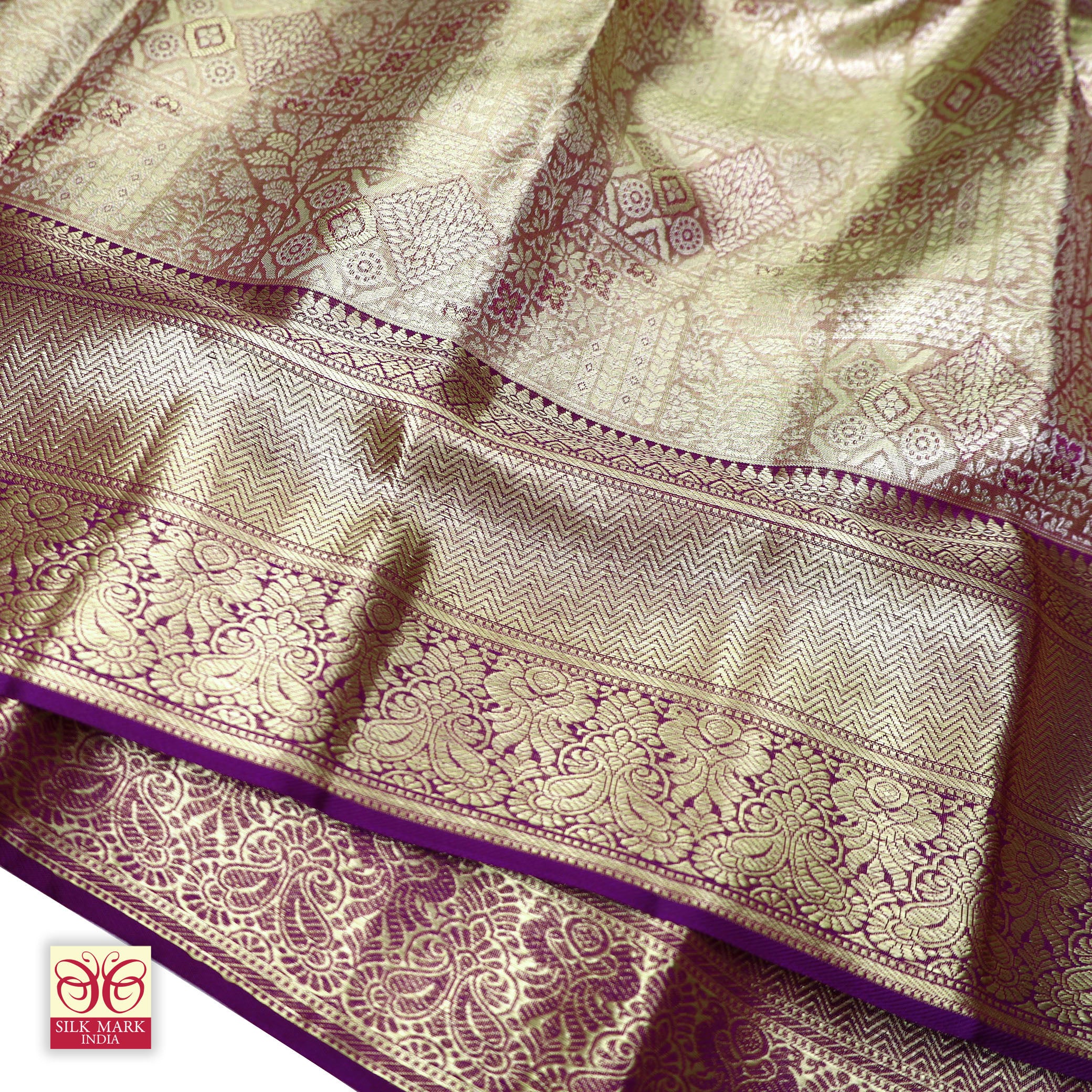 Metallic Light Gold With Dark Purple Tissue Kanchipuram Wedding Silk Saree
