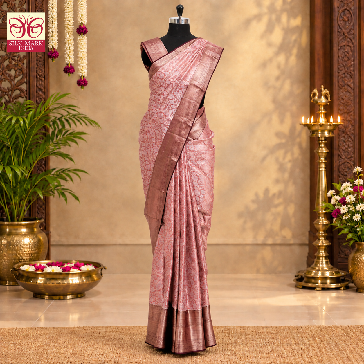 Peach Color Gold Zari border Tissue Wedding Silk Saree