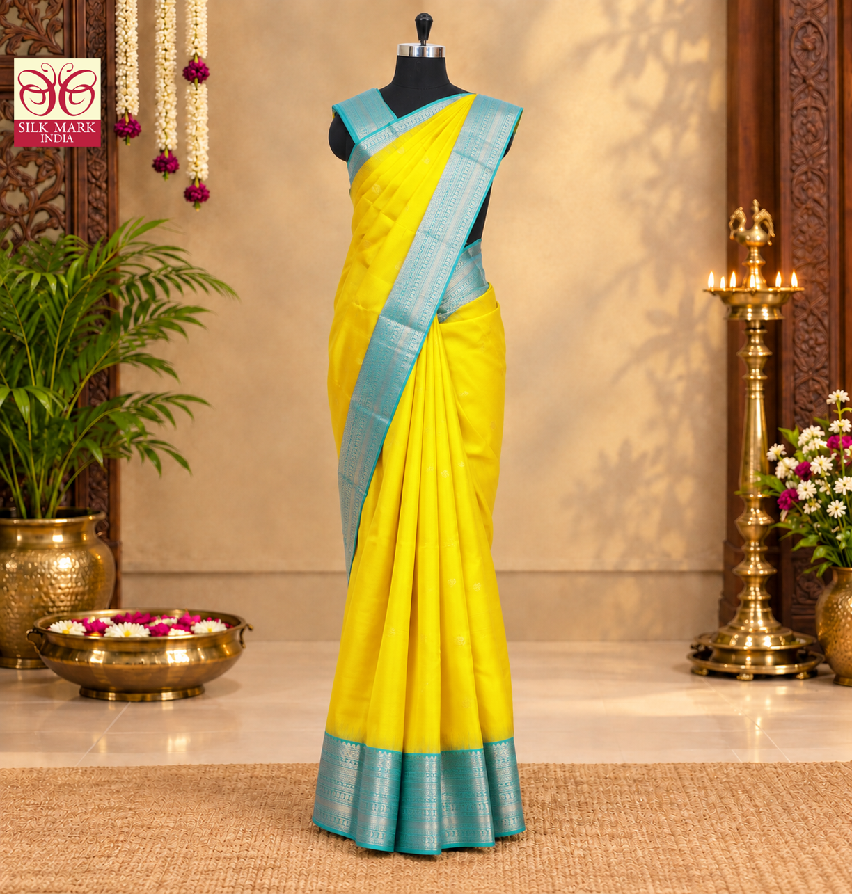 Mustard Yellow With Sky Blue Kanchipuram Pure Soft Silk Saree