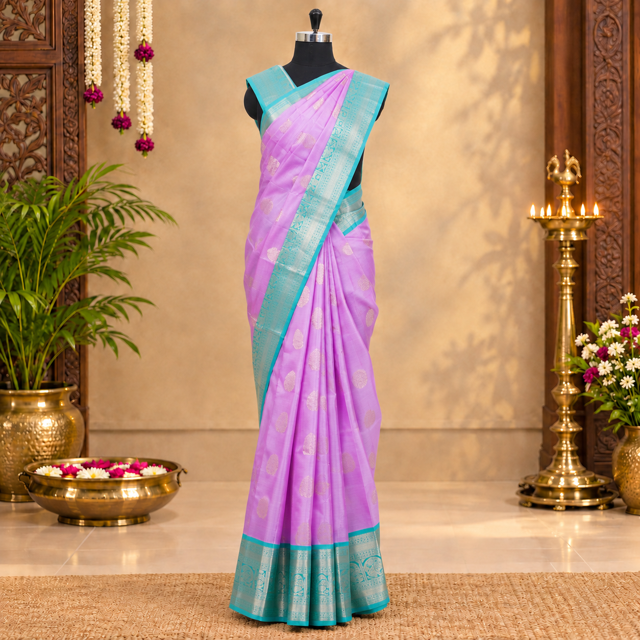 Pastel Pink With Turquoise Blue Kanchipuram Pure Soft Silk Saree