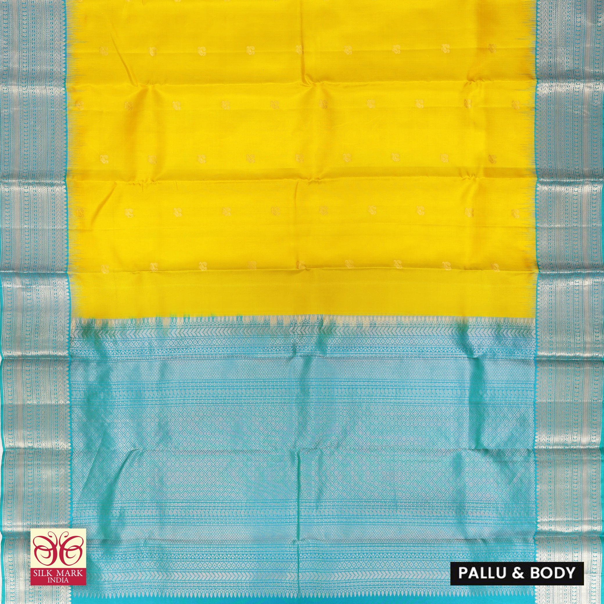 Mustard Yellow With Sky Blue Kanchipuram Pure Soft Silk Saree