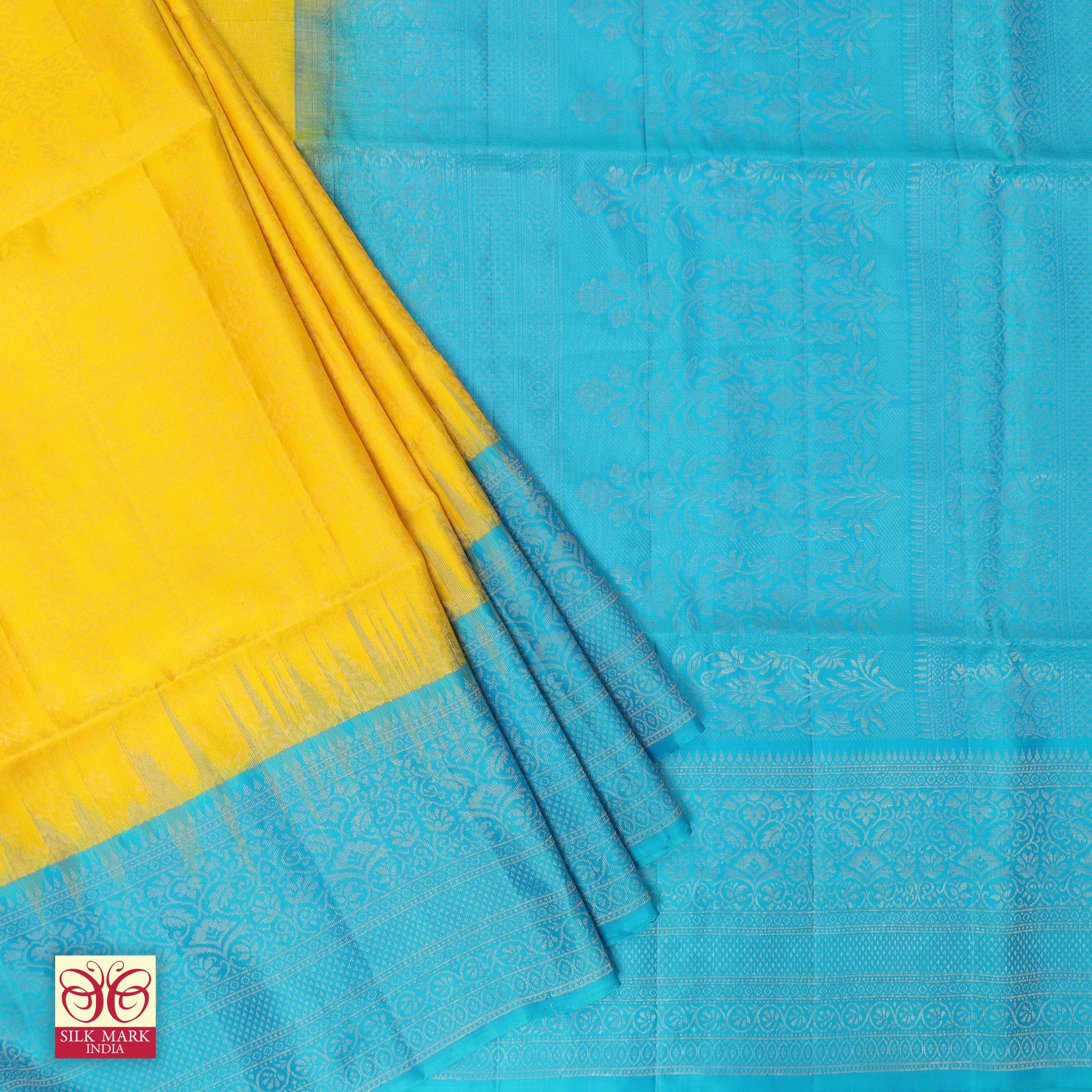 Mustard Yellow With Turquoise Blue Premium Pure Soft Silk Saree