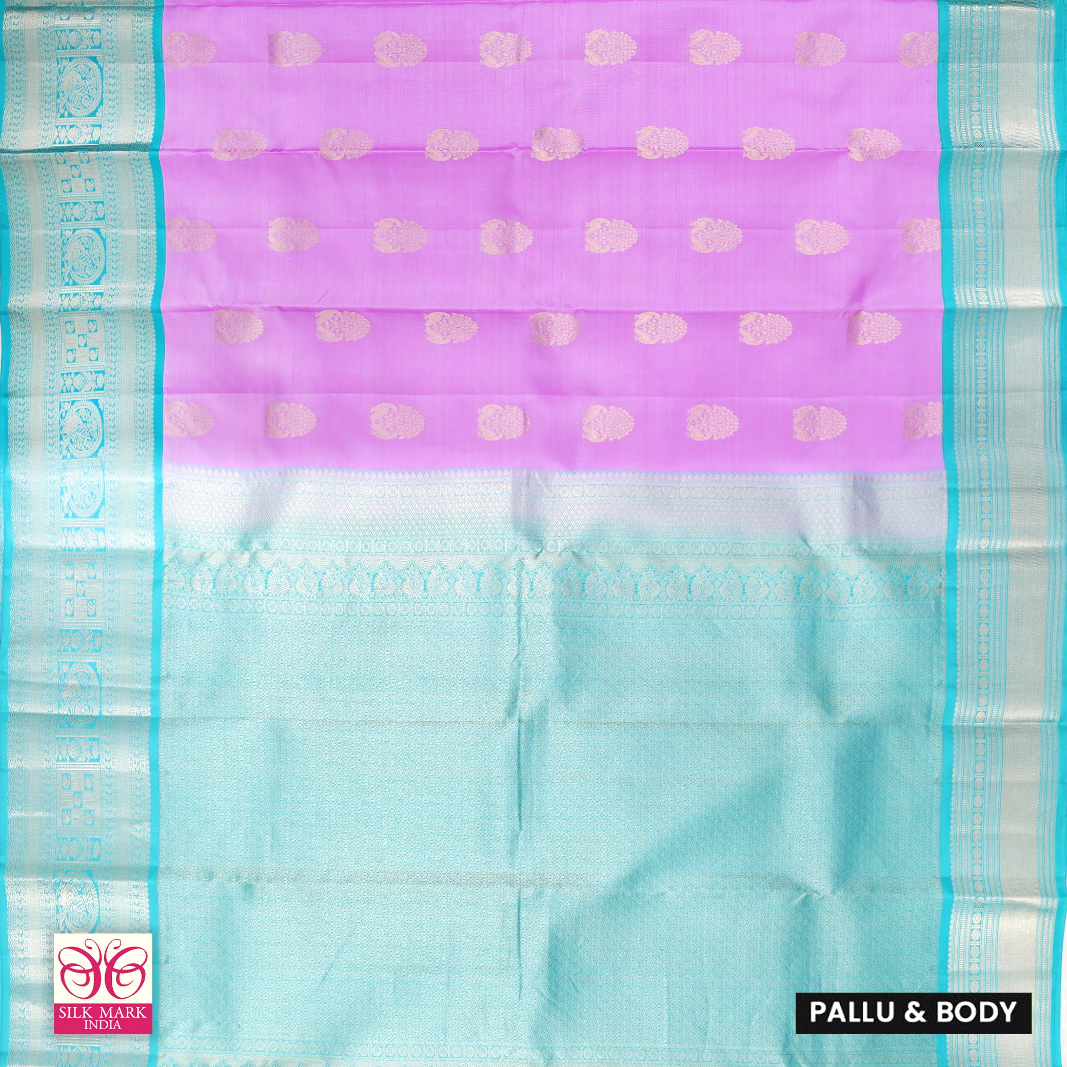 Pastel Pink With Turquoise Blue Kanchipuram Pure Soft Silk Saree
