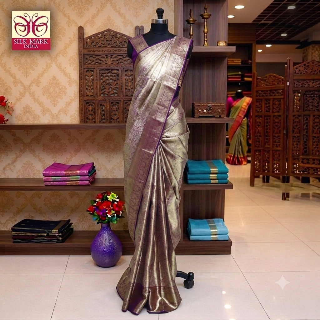 Metallic Light Gold With Dark Purple Tissue Kanchipuram Wedding Silk Saree