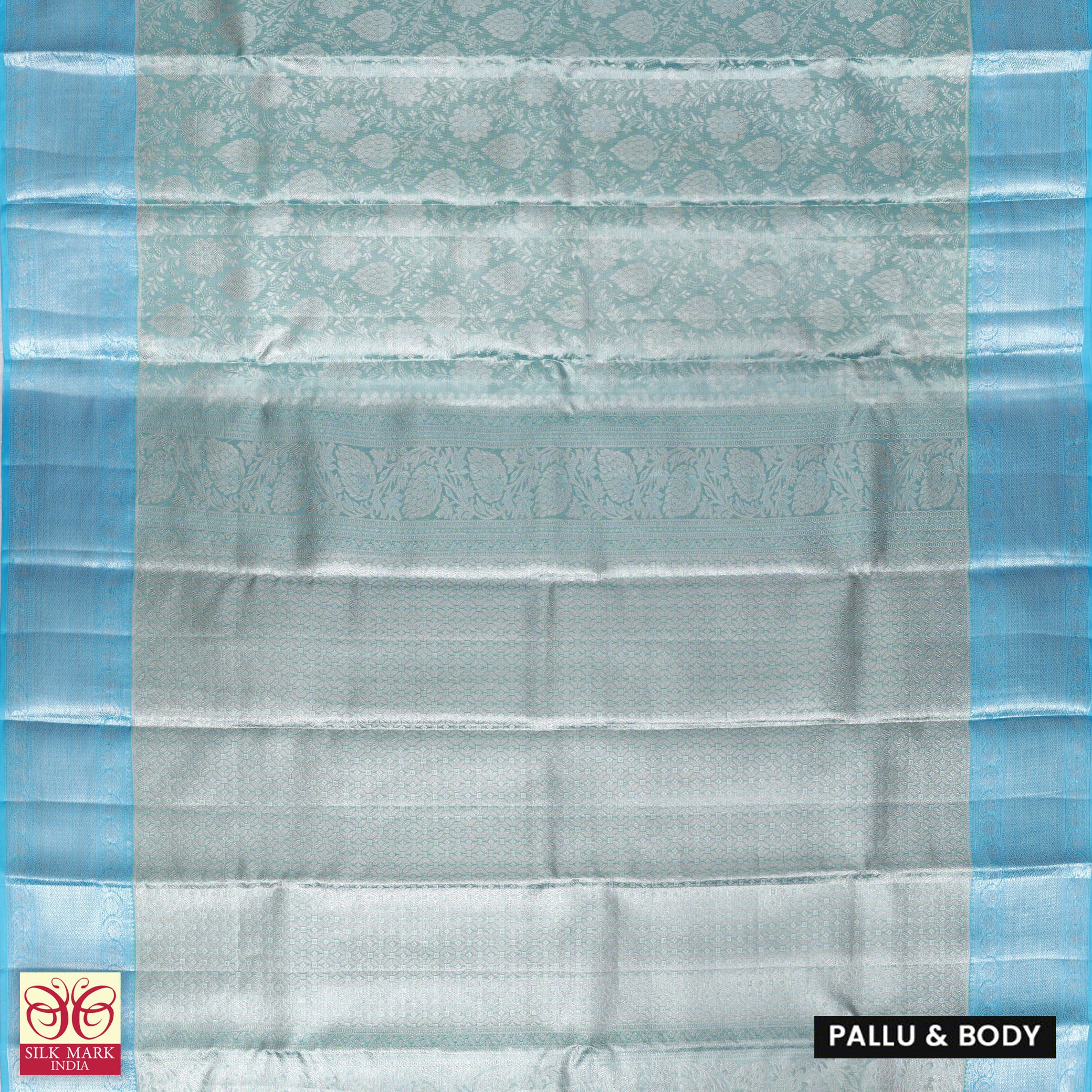 Turquoise Blue With Sky Blue Silver Zari border Tissue Kanchipuram Wedding Silk Saree