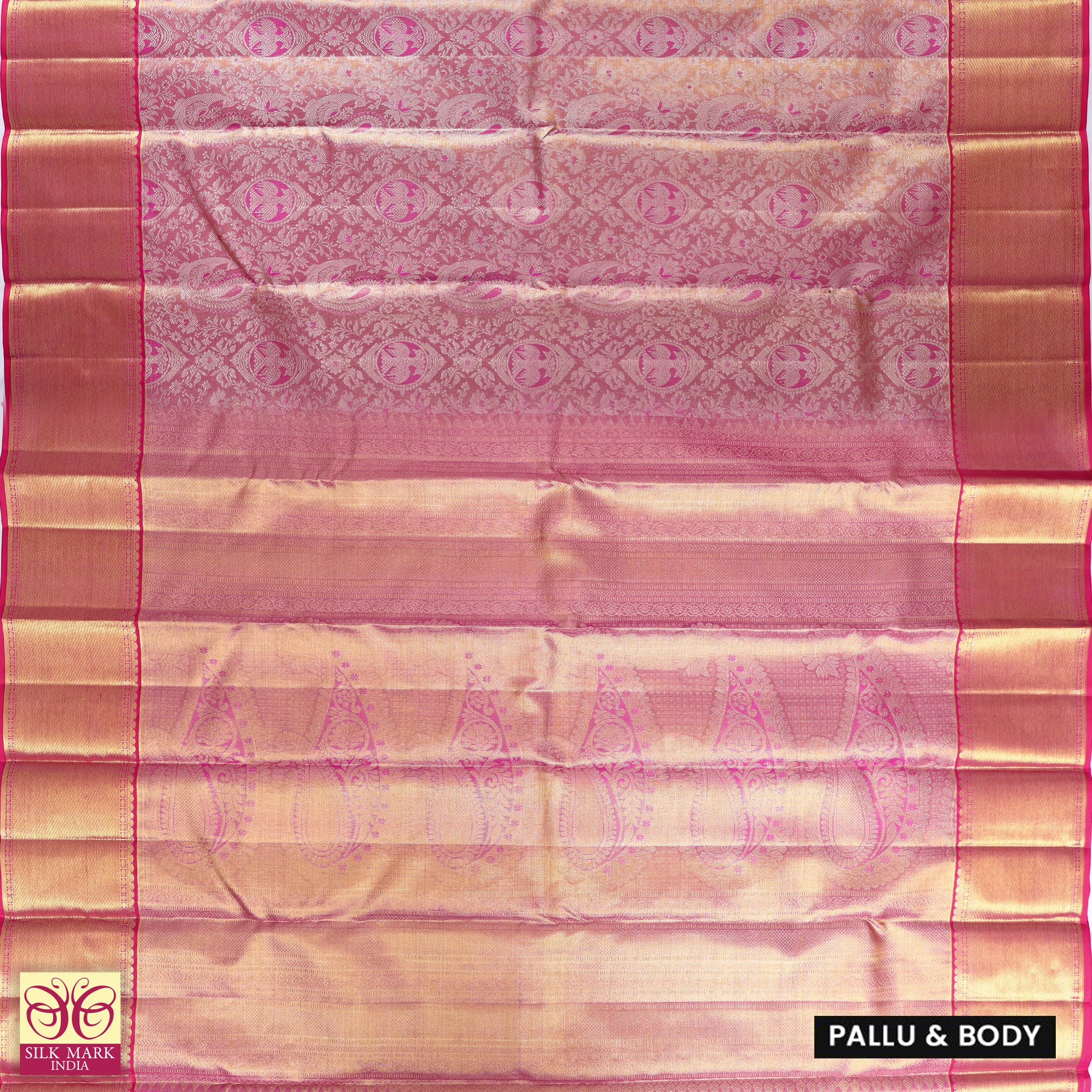 Light Pink With Rani Pink Gold Zeri border Tissue KanchipuramWedding Silk Saree