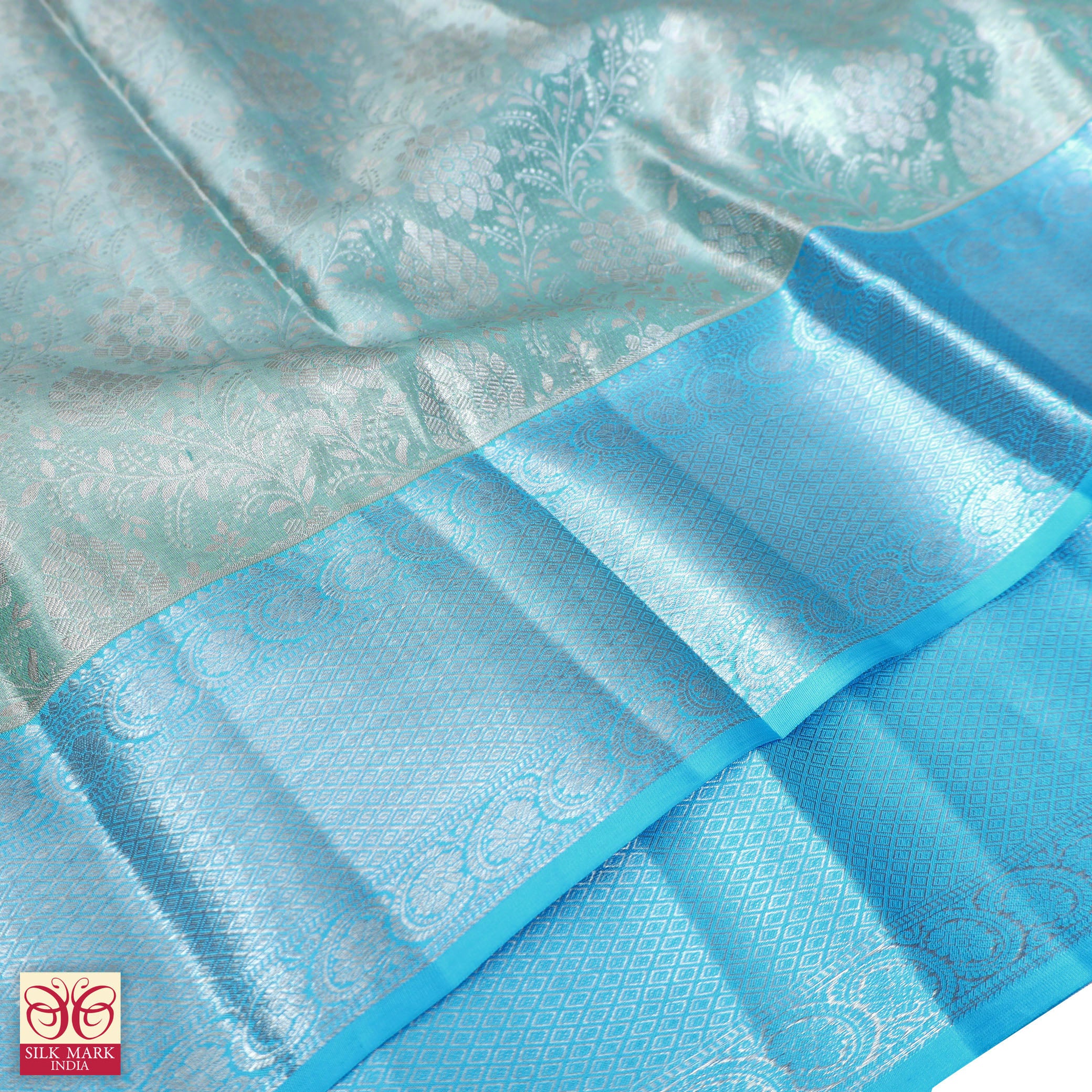 Turquoise Blue With Sky Blue Silver Zari border Tissue Kanchipuram Wedding Silk Saree